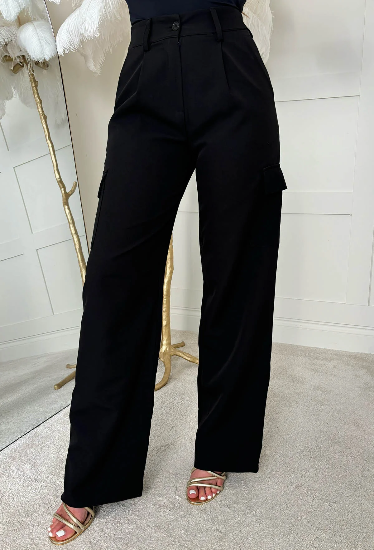 On My Terms Black Straight Leg Cargo Elasticated Trousers - Image 5