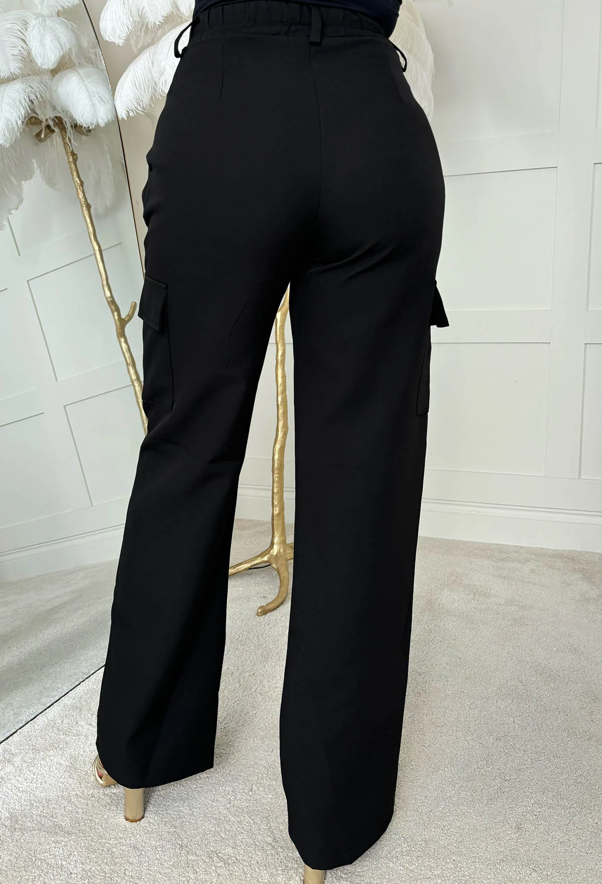 On My Terms Black Straight Leg Cargo Elasticated Trousers - Image 6