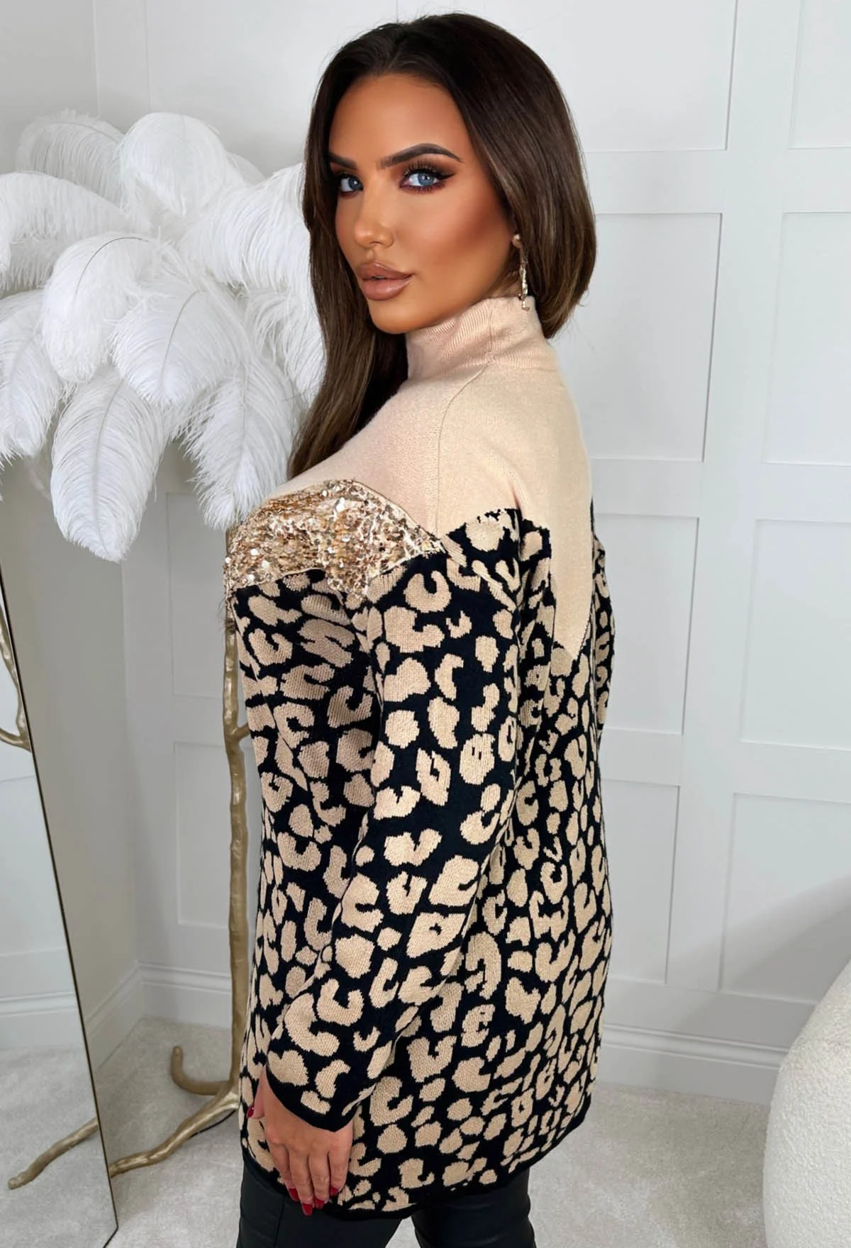 One Last Dance Beige Animal Print Sequin Jumper - Image 2