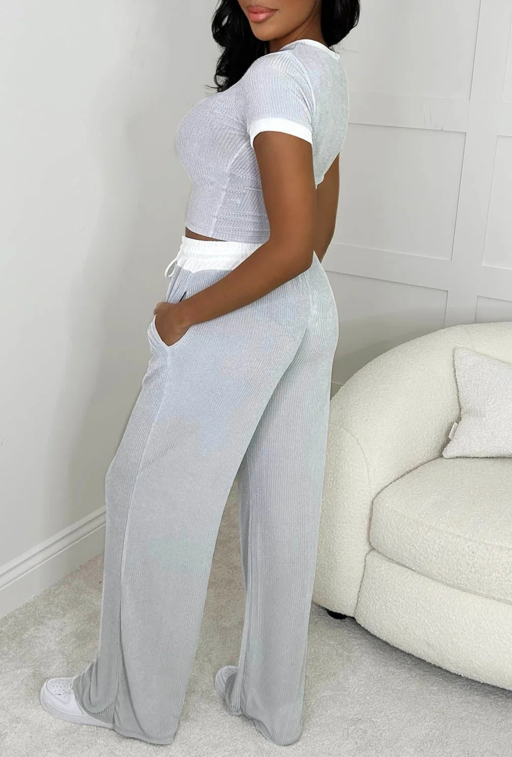 One Time Thing Grey Contrast Ultra Soft Ribbed Loungewear Set - Image 3
