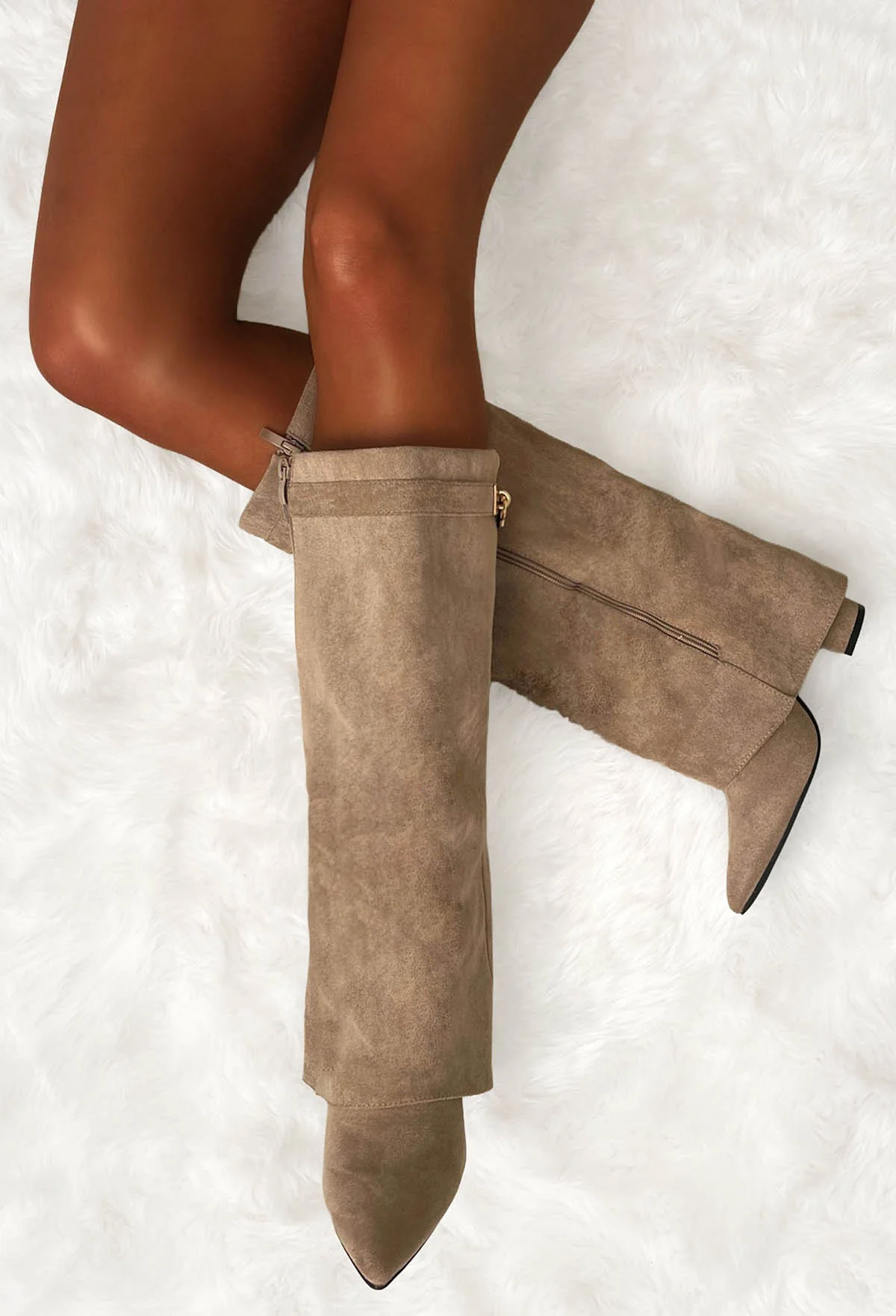 Our Secret Taupe Faux Suede Fold Over Knee High Lock & Key Shark Boots - Image 2