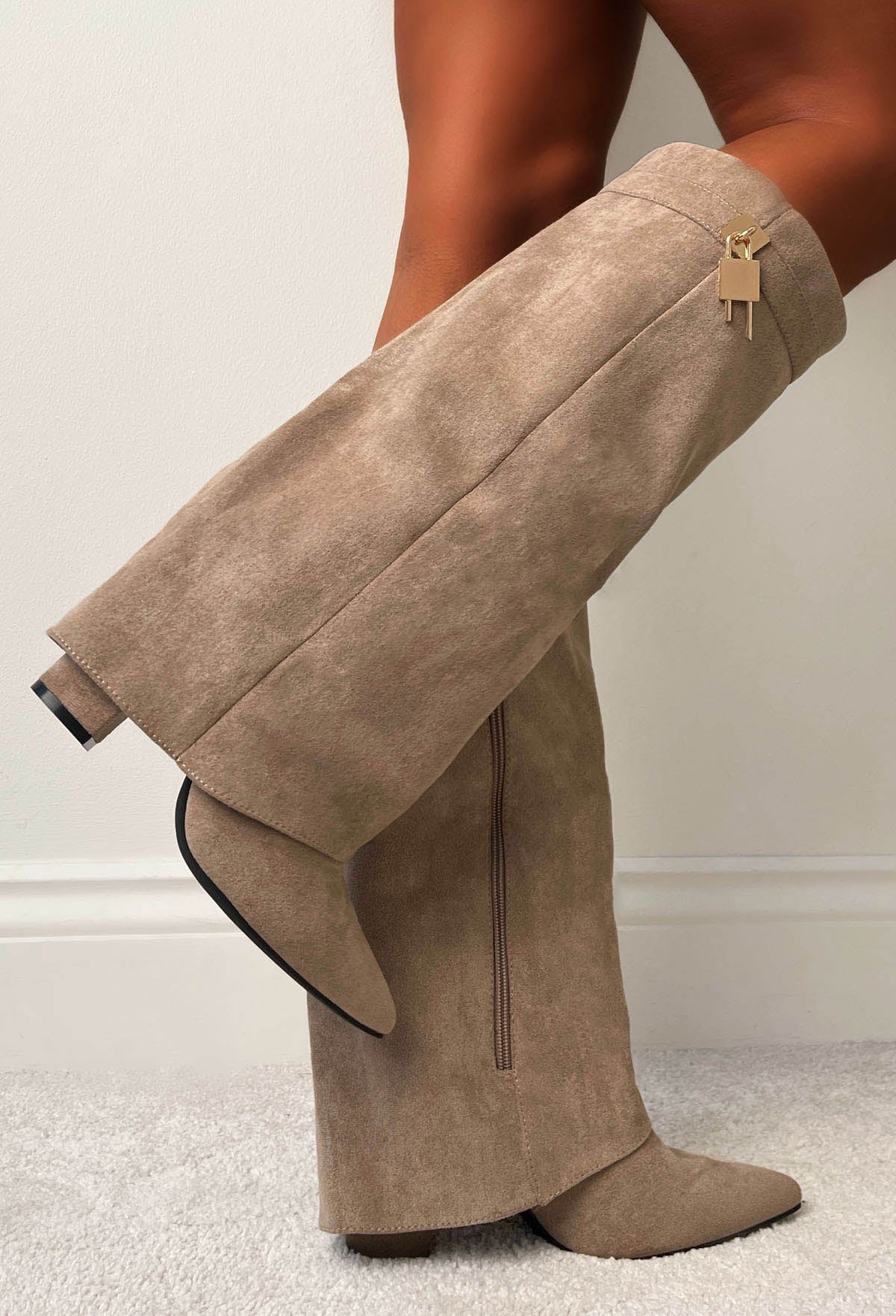 Our Secret Taupe Faux Suede Fold Over Knee High Lock & Key Shark Boots - Image 3