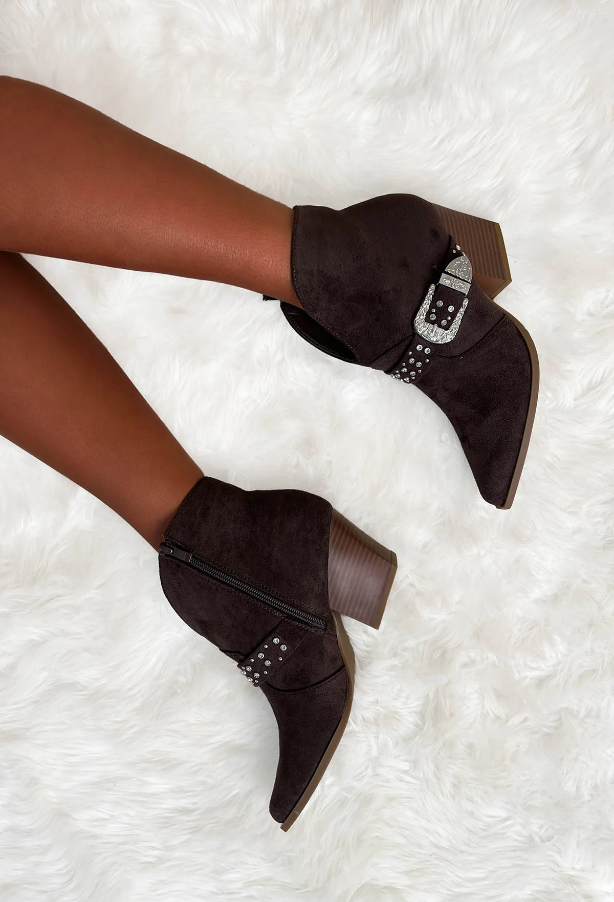 Out West Brown Ankle Strap Studded Cowboy Boots - Image 3