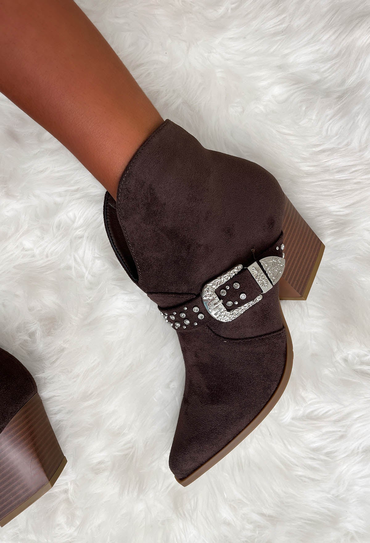 Out West Brown Ankle Strap Studded Cowboy Boots - Image 4