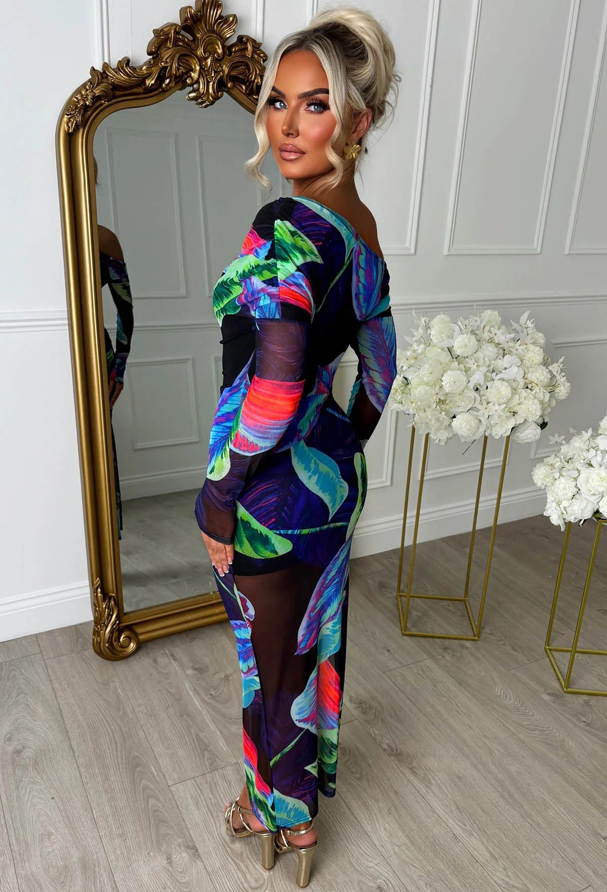 Palm Print Princess Navy Off Shoulder Long Sleeve Mesh Maxi Dress - Image 2