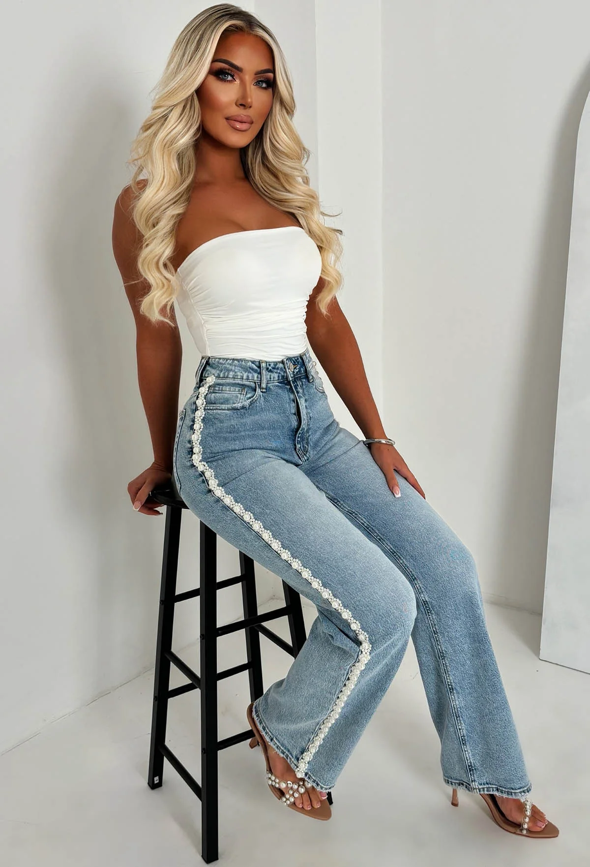 Pearl Divine Mid Wash Stretch Pearl Detail Jeans - Image 4
