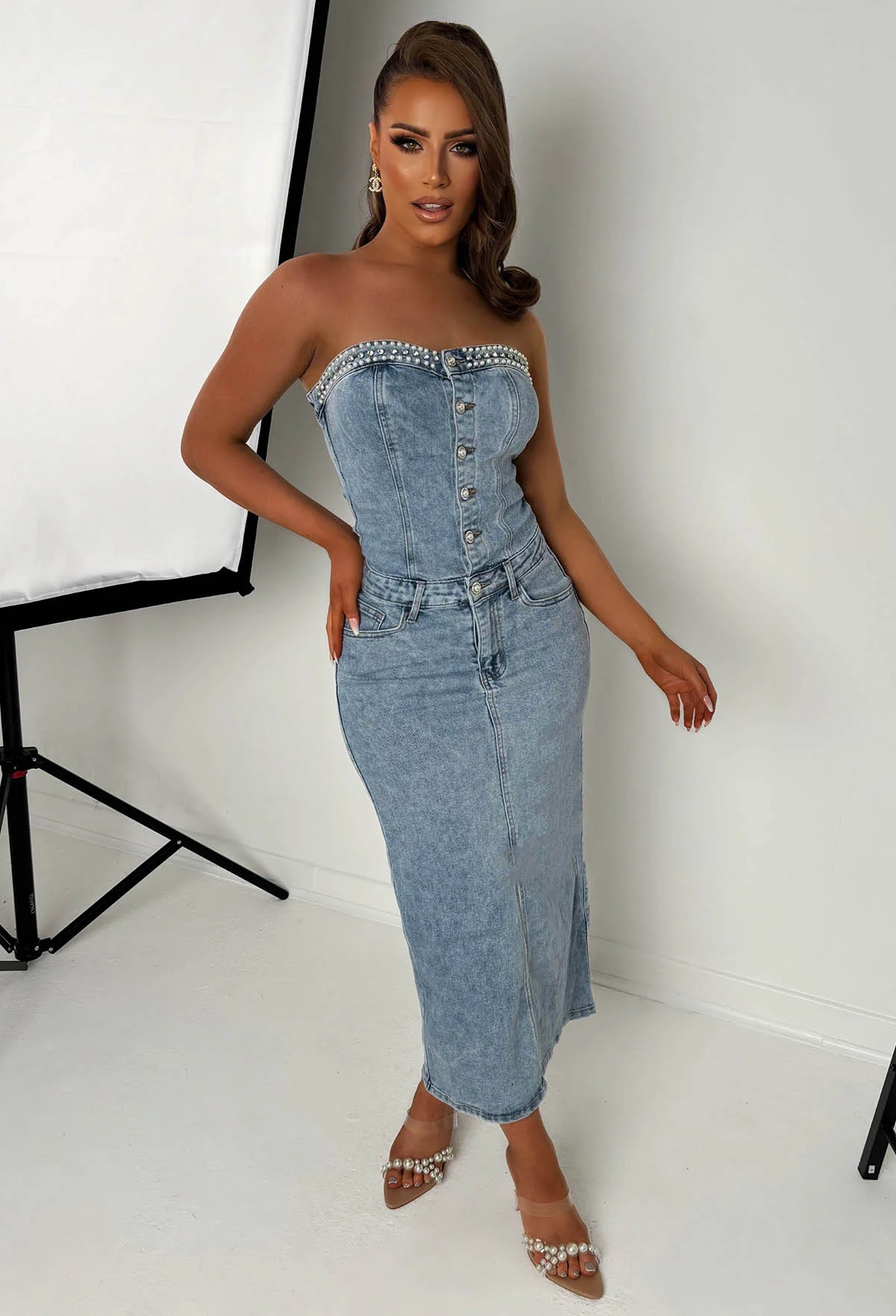 Pearl Escape Mid Blue Stretch Denim Pearl Dress