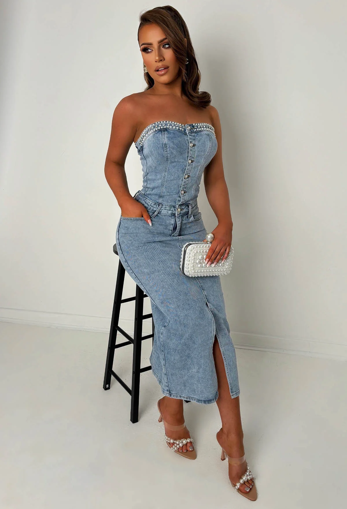 Pearl Escape Mid Blue Stretch Denim Pearl Dress - Image 4