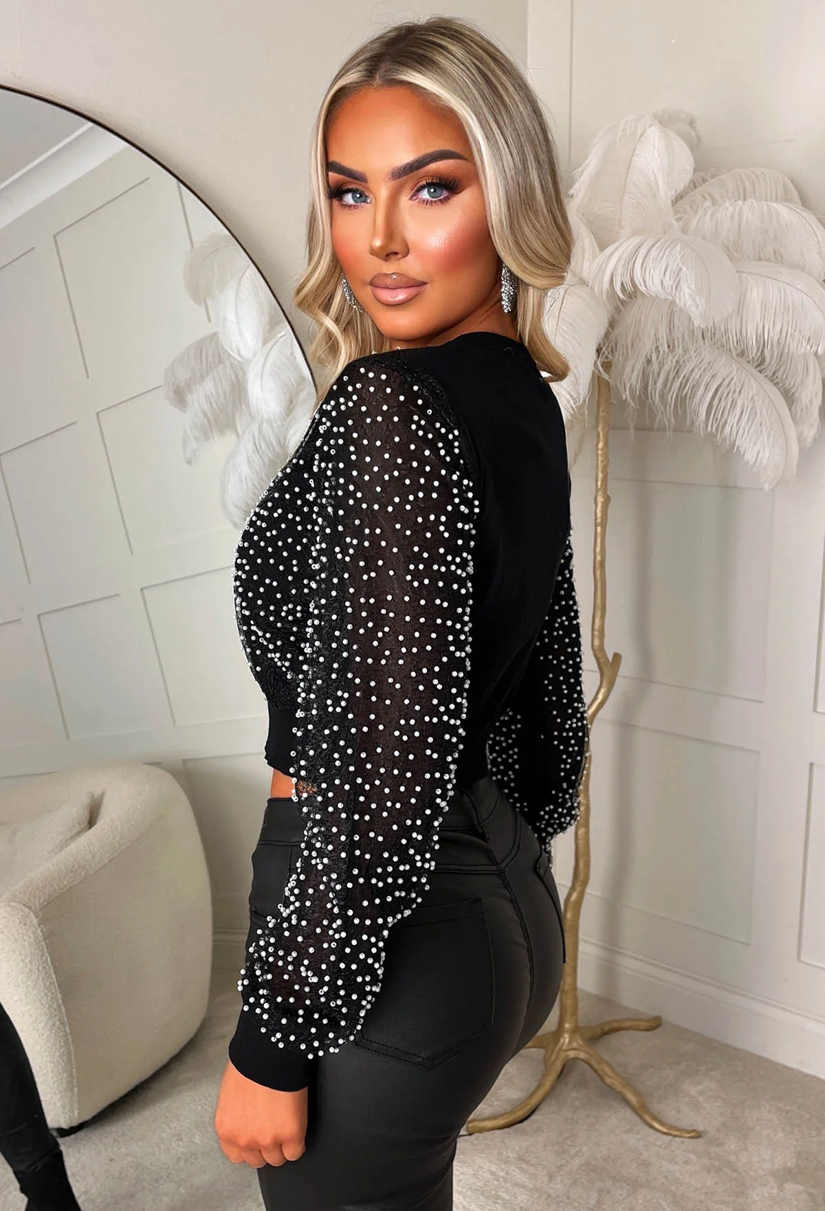 Pearly Queen Black Long Sleeve Pearl Crew Neck Cropped Jumper - Image 2