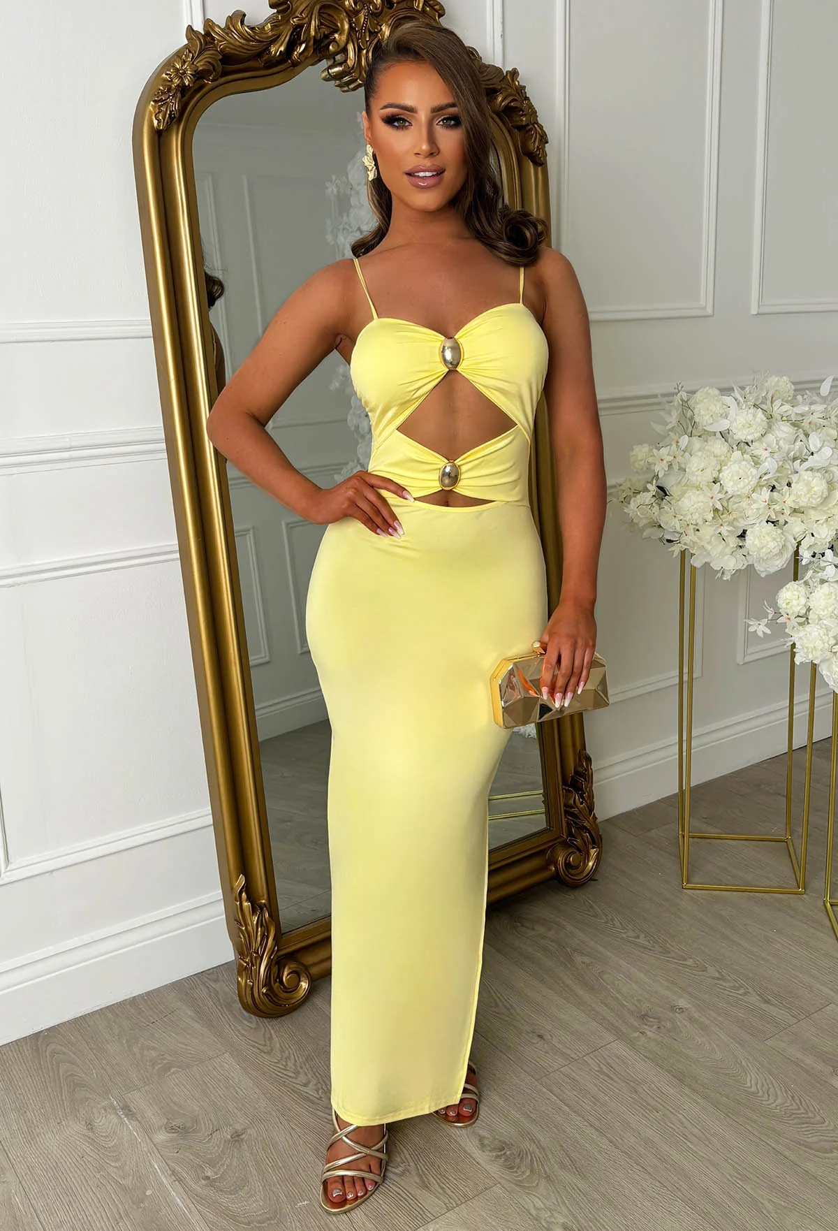 Peekaboo Perfection Lemon Cut Out Buckle Maxi Dress - Image 3
