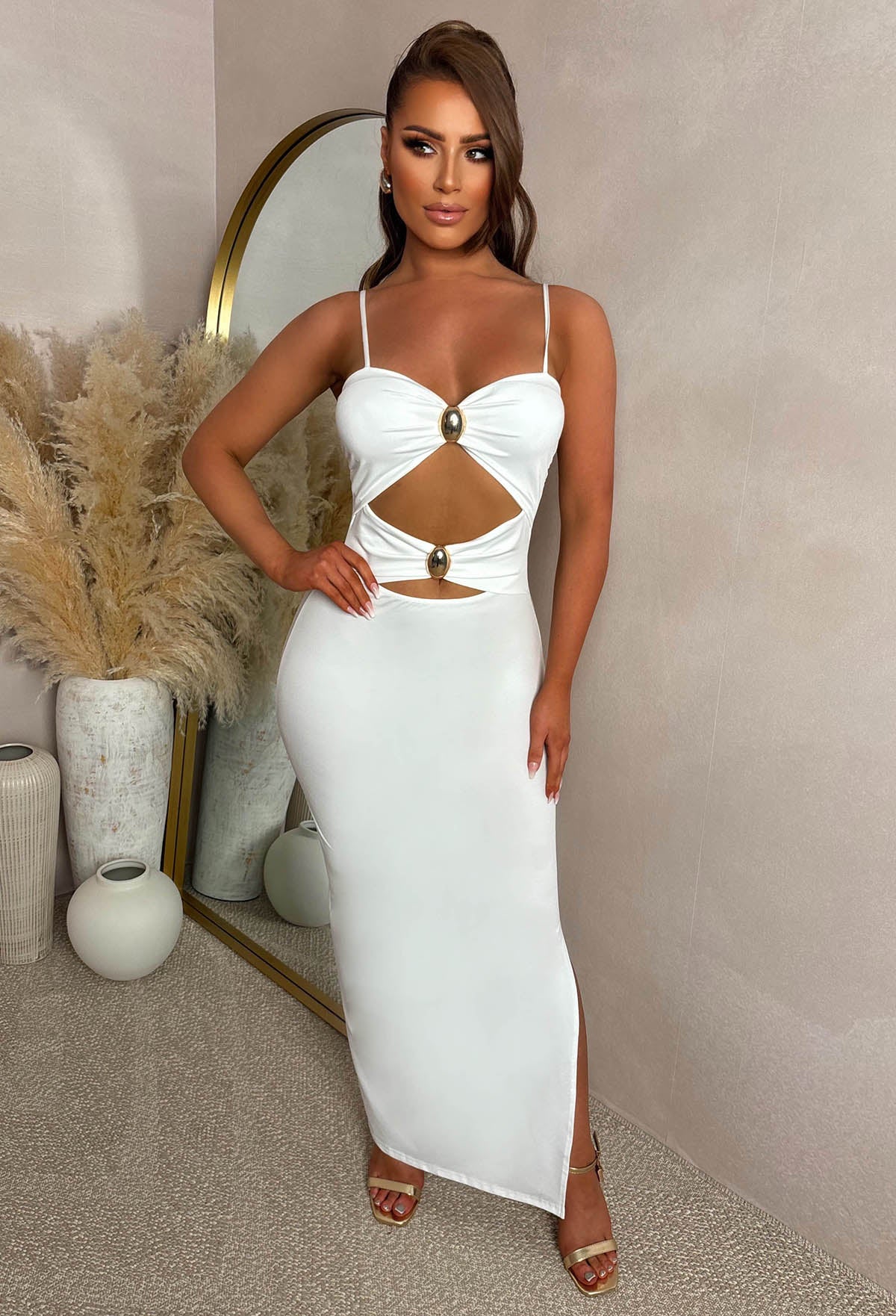 Peekaboo Perfection White Cut Out Buckle Maxi Dress - Image 4