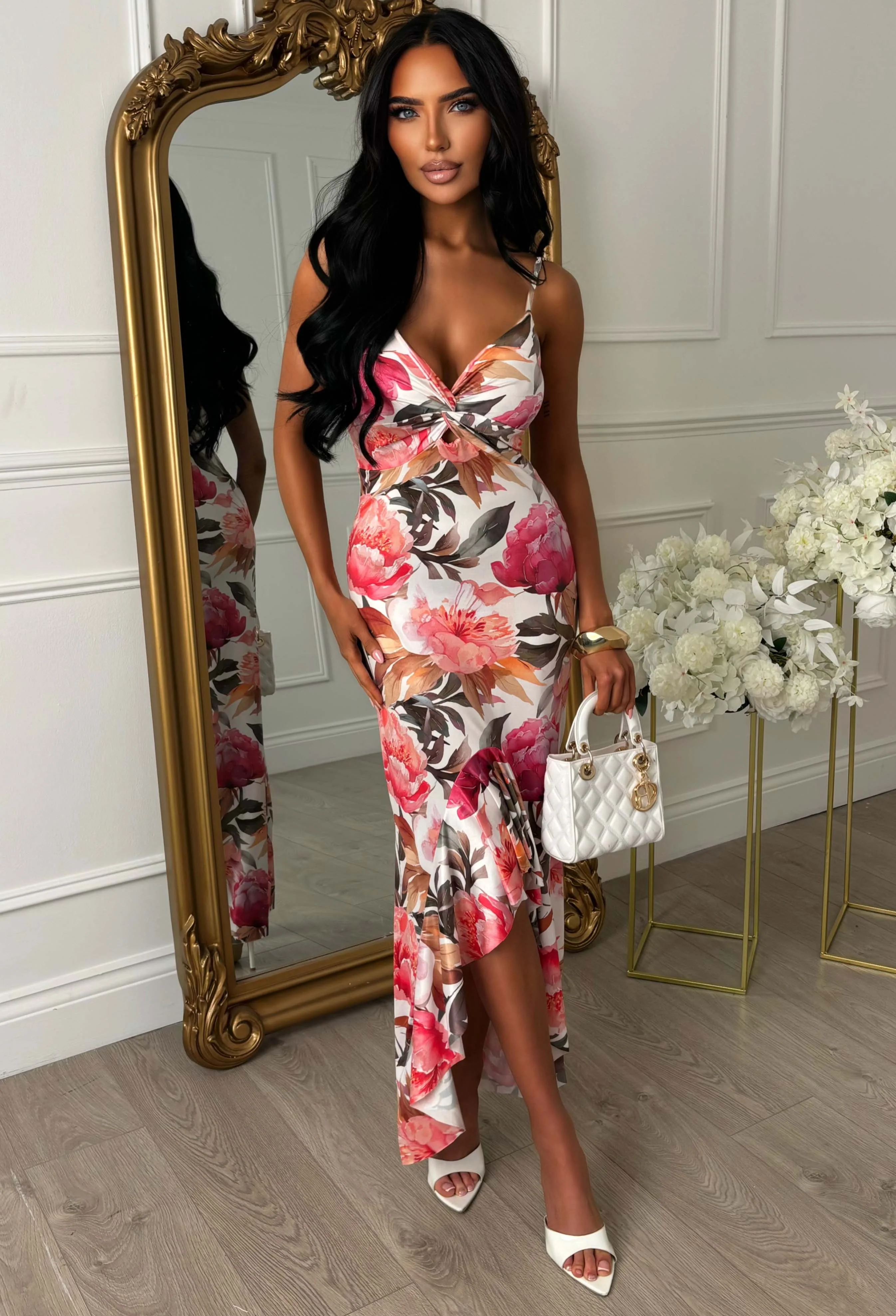 Perfect Poise Multi Rose Print Twist Front Ruffle Midi Dress - Image 2