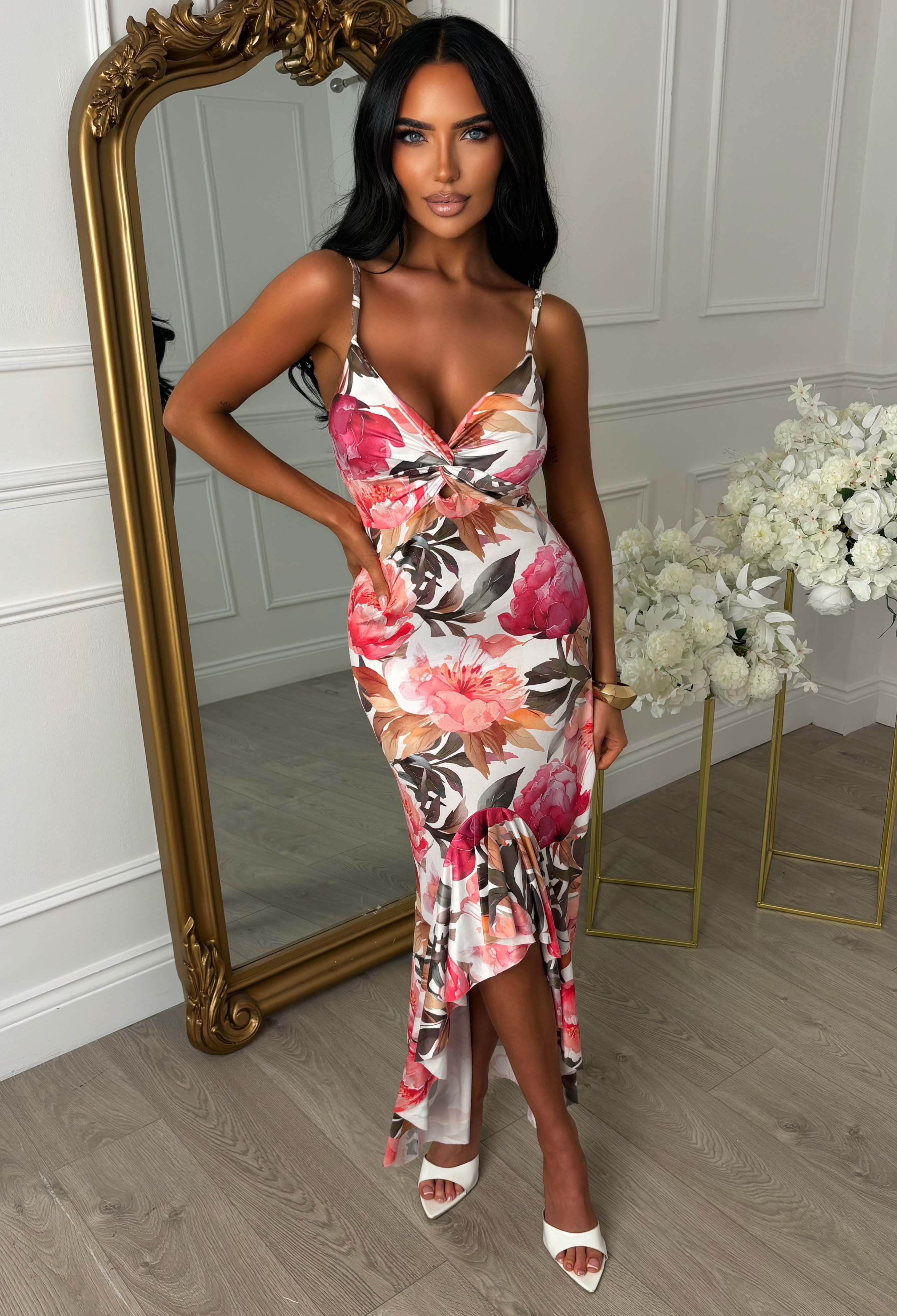Perfect Poise Multi Rose Print Twist Front Ruffle Midi Dress - Image 4