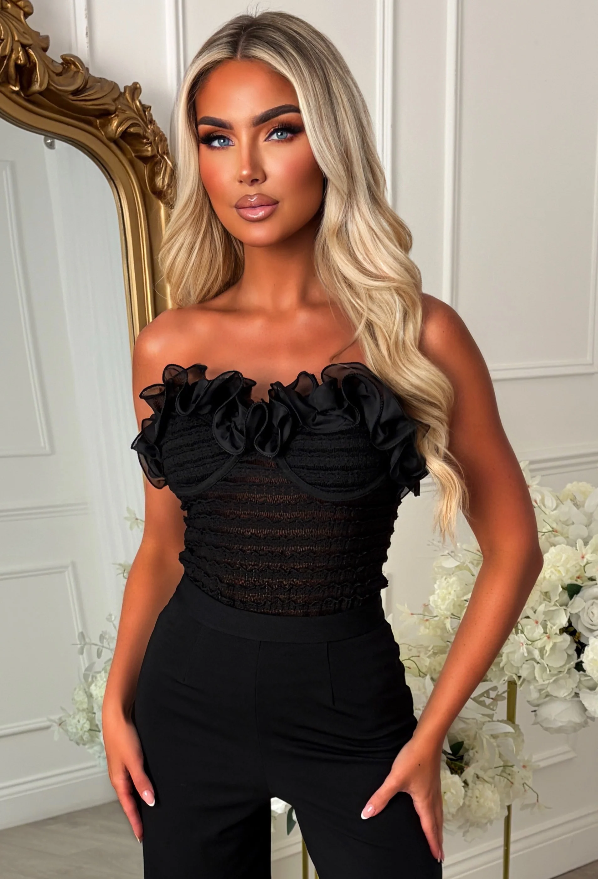 Petal Flounce Black Ruffle Bandeau Bodysuit
