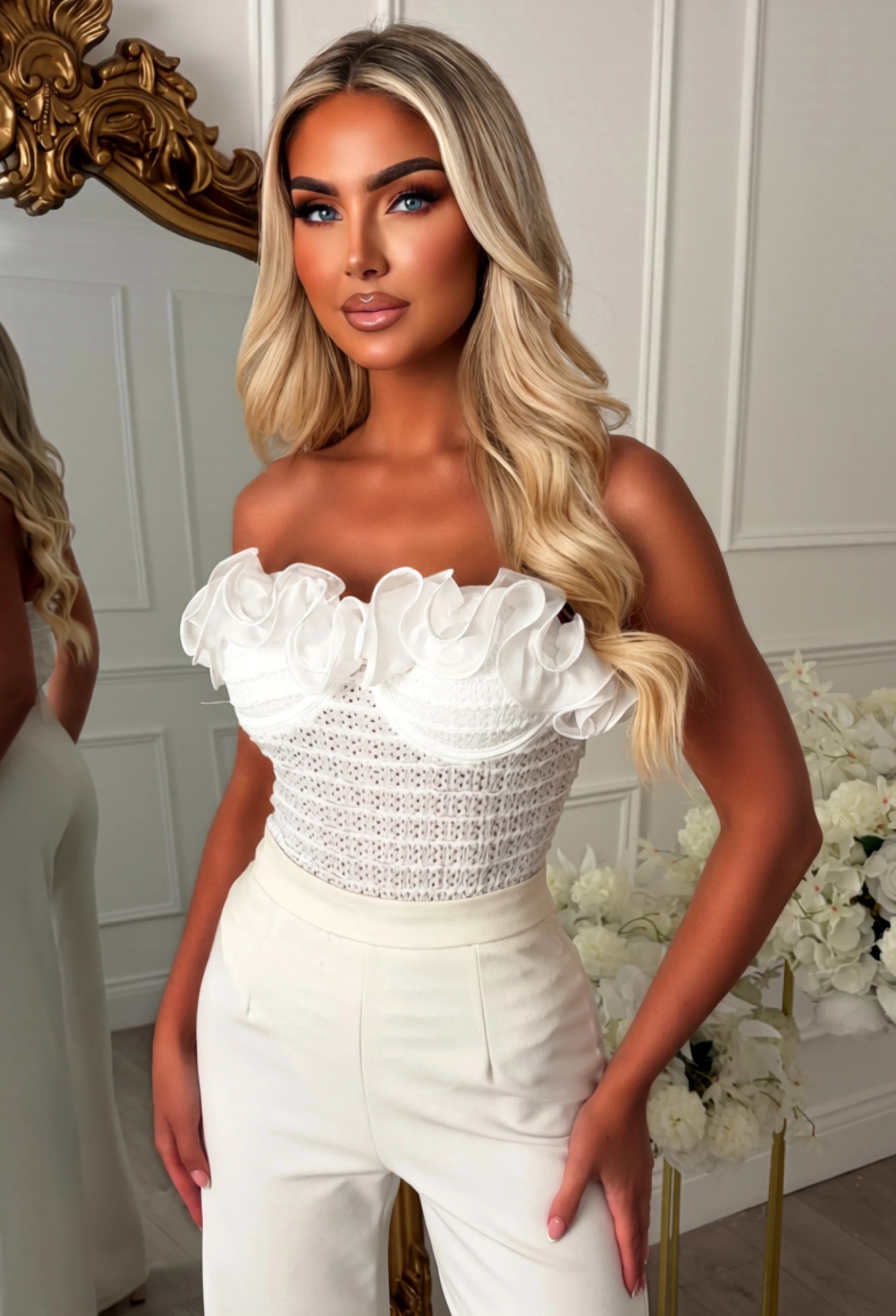 Petal Flounce White Ruffle Bandeau Bodysuit
