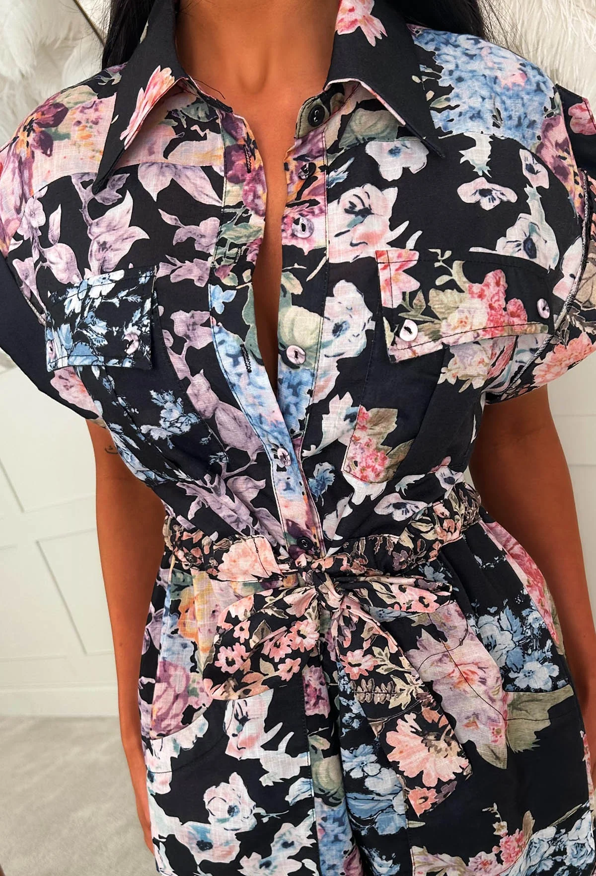 Petal Princess Black Floral Short Sleeve Playsuit - Image 3