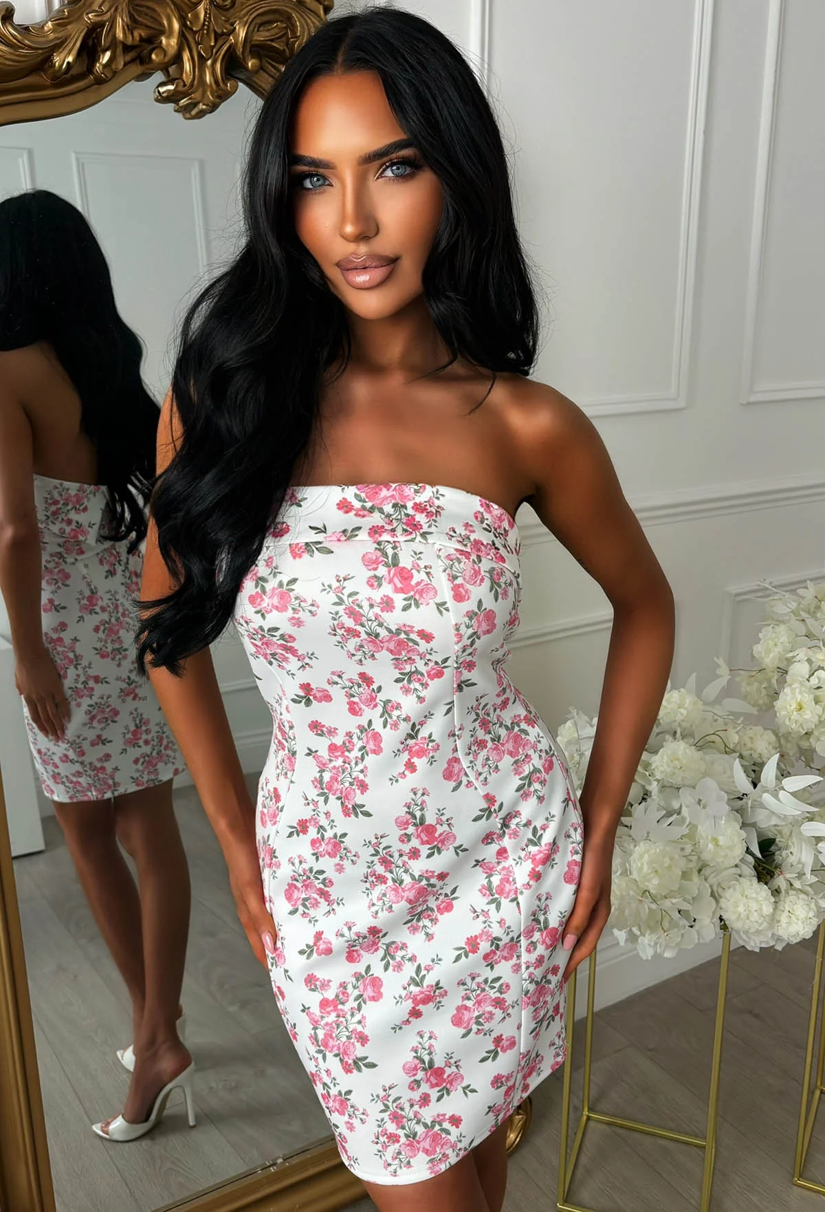 Petal Temptation Pink Strapless Ditsy Floral Print Dress - Image 5