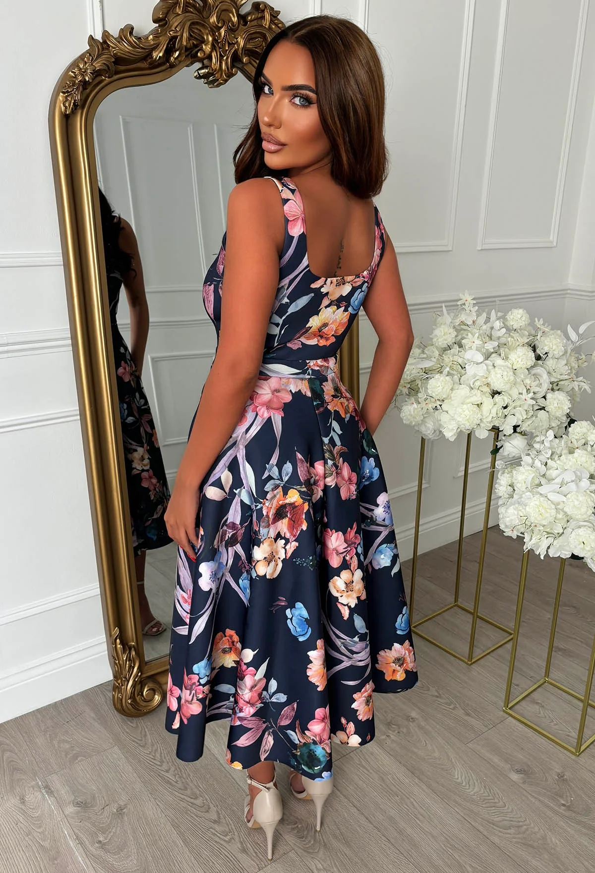 Petal Whisper Dark Blue Pretty Floral Flared Skirt Midi Dress - Image 2