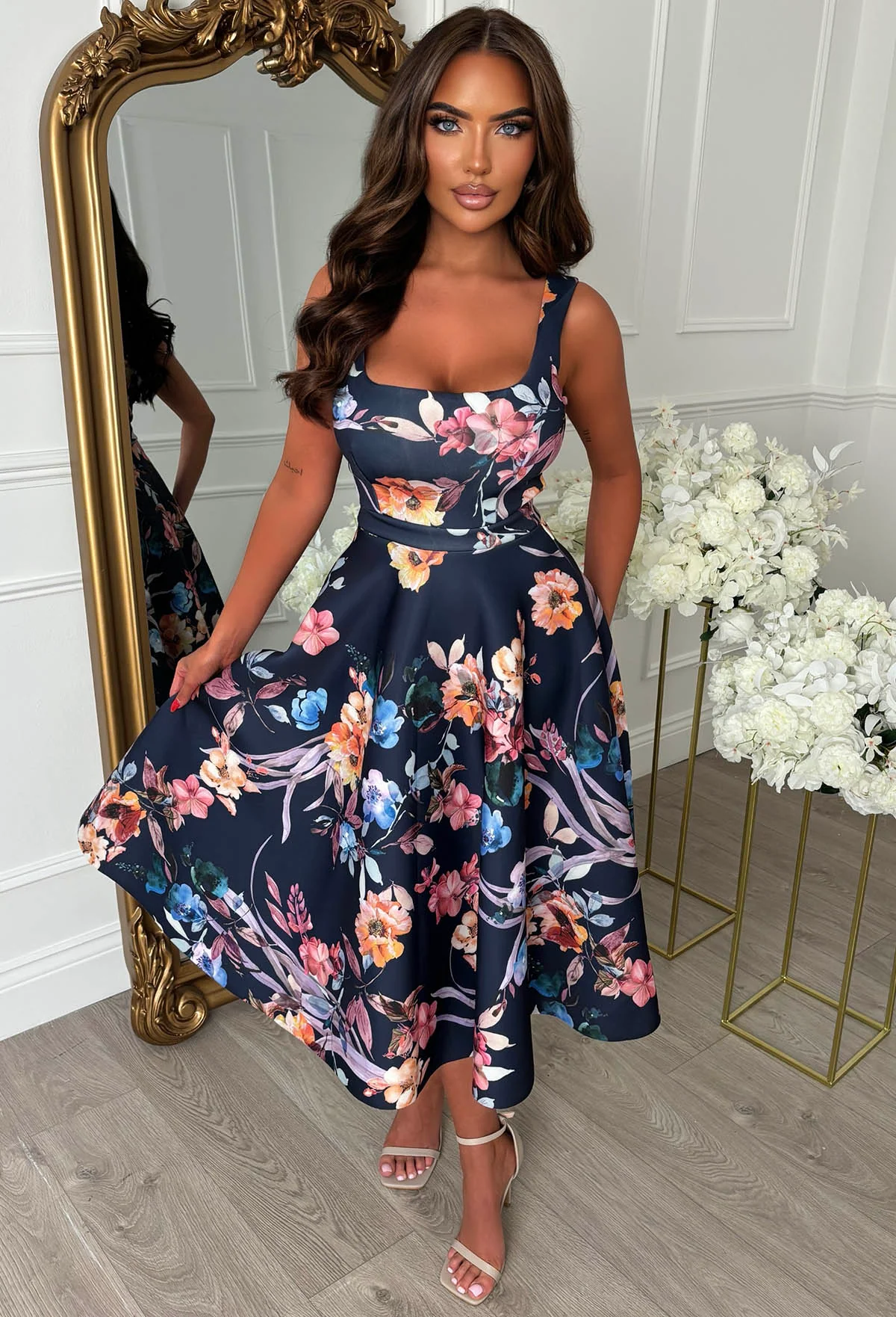 Petal Whisper Dark Blue Pretty Floral Flared Skirt Midi Dress - Image 3