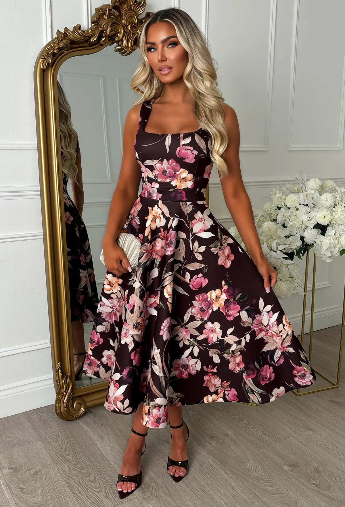 Petal Whisper Chocolate Brown Pretty Floral Flared Skirt Midi Dress - Image 2