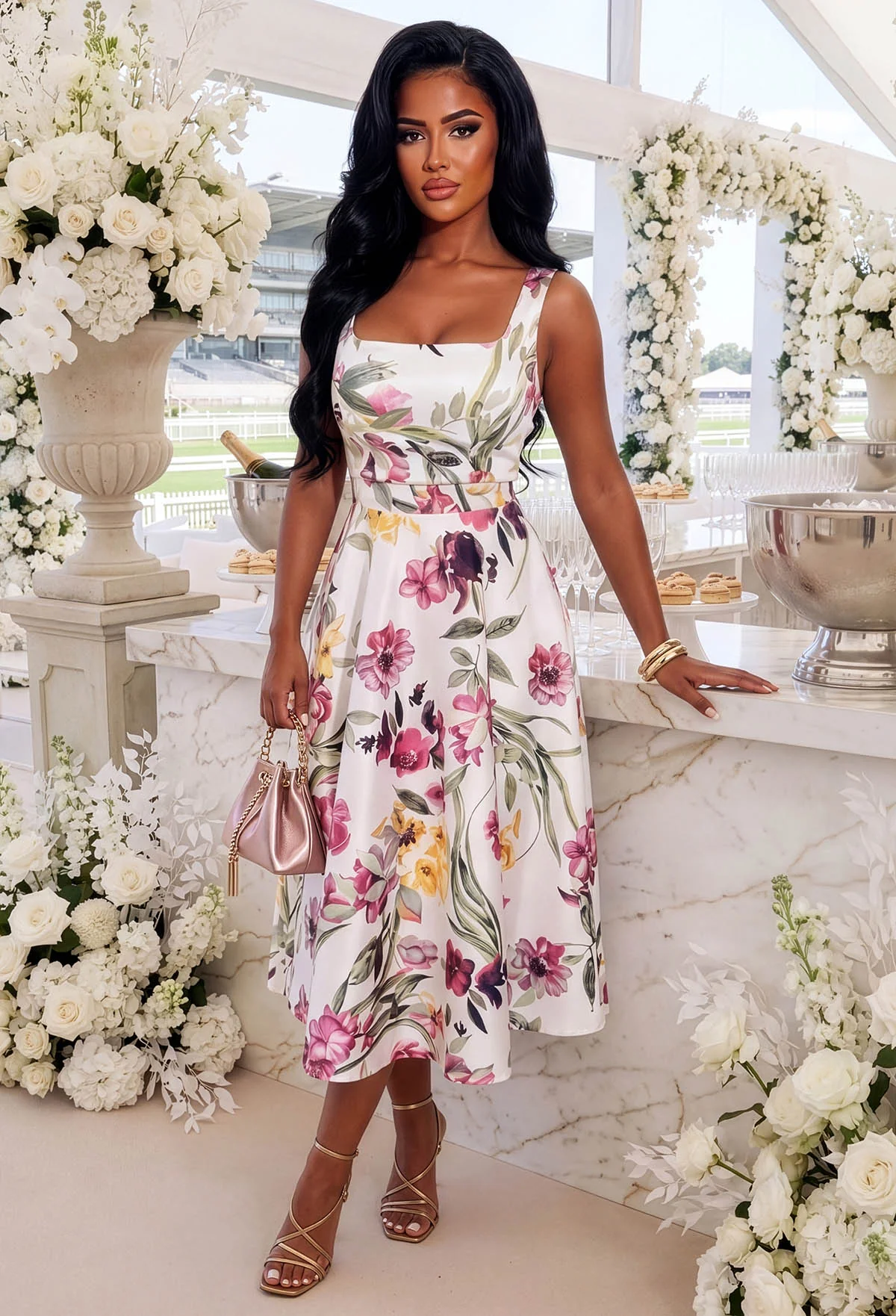 Petal Whisper Multi Pretty Floral Flared Skirt Midi Dress