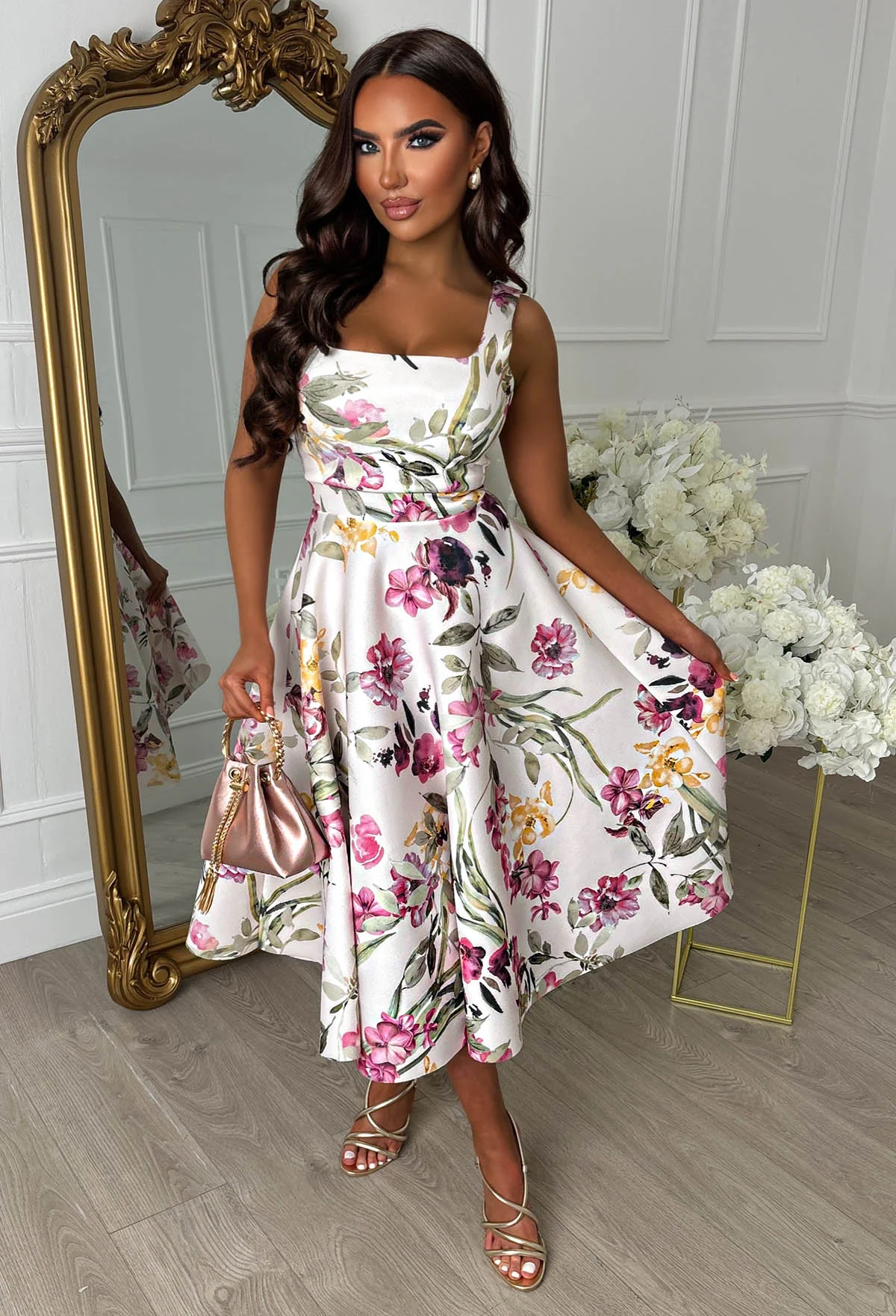 Petal Whisper Multi Pretty Floral Flared Skirt Midi Dress - Image 3