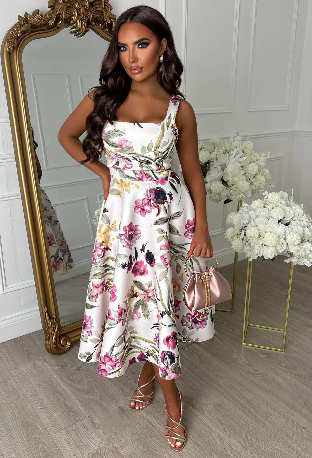 Petal Whisper Multi Pretty Floral Flared Skirt Midi Dress - Image 4