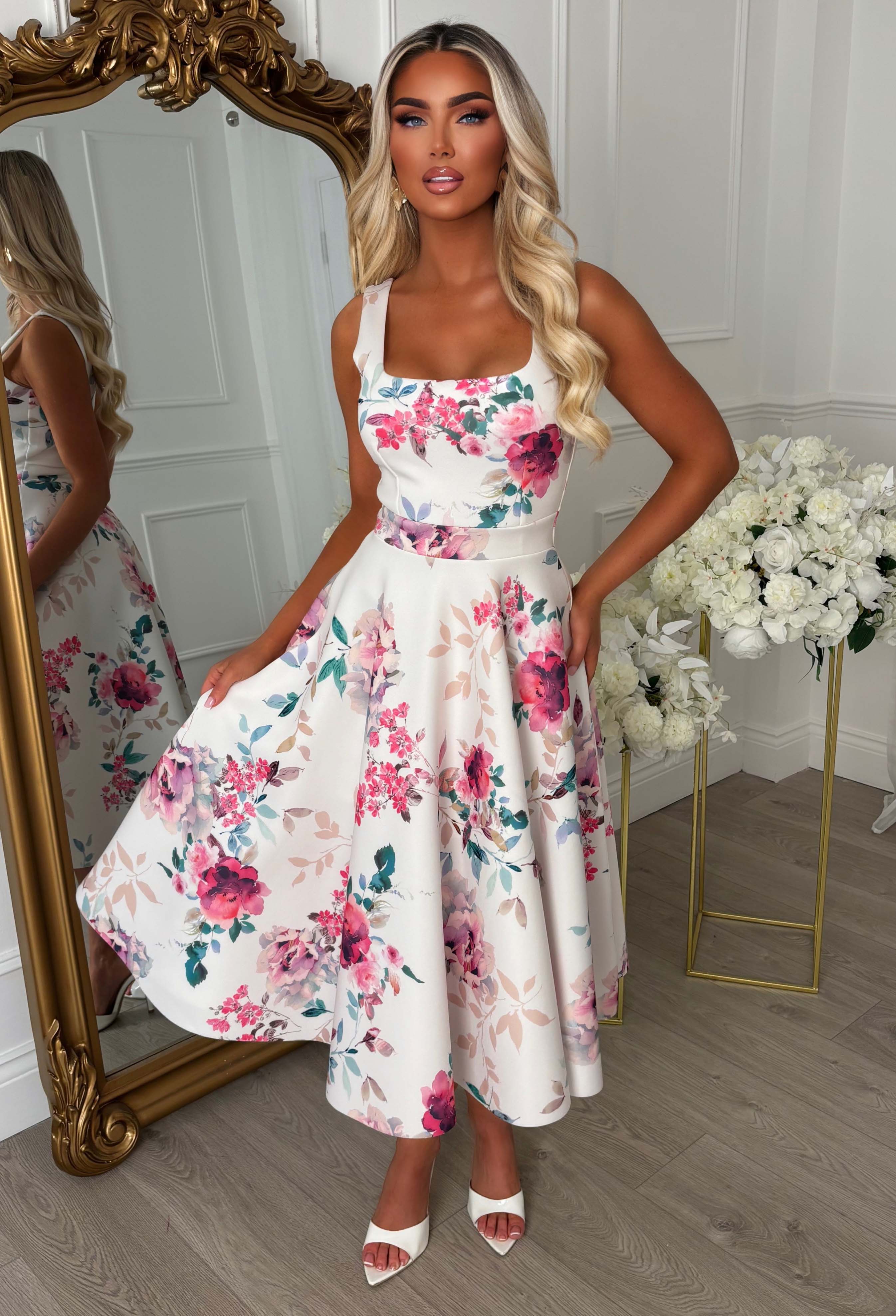 Petal Whisper Pink Pretty Floral Flared Skirt Midi Dress - Image 3