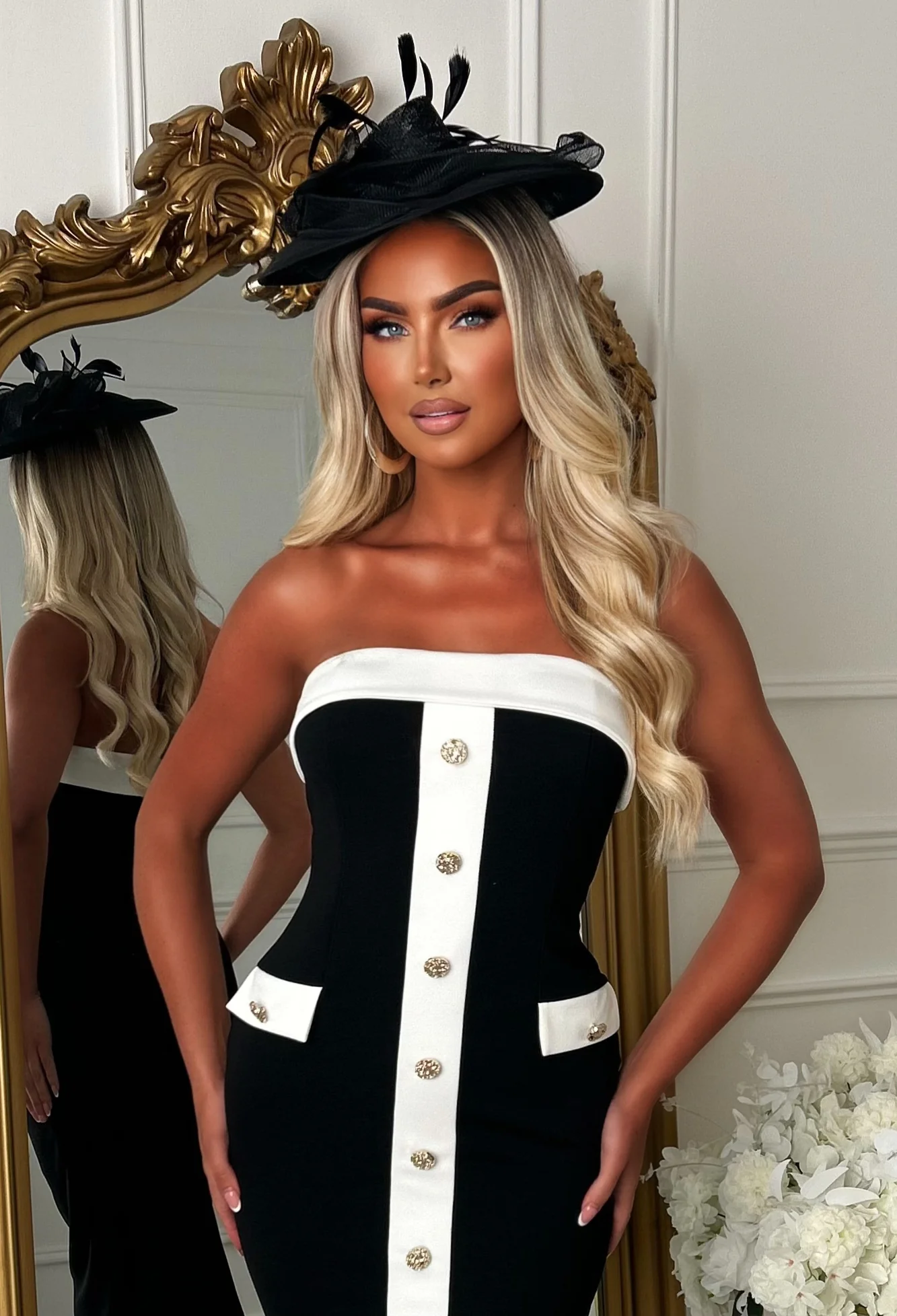 Photo Finish Black Button Front Monochrome Bandeau Midi Dress - Image 3