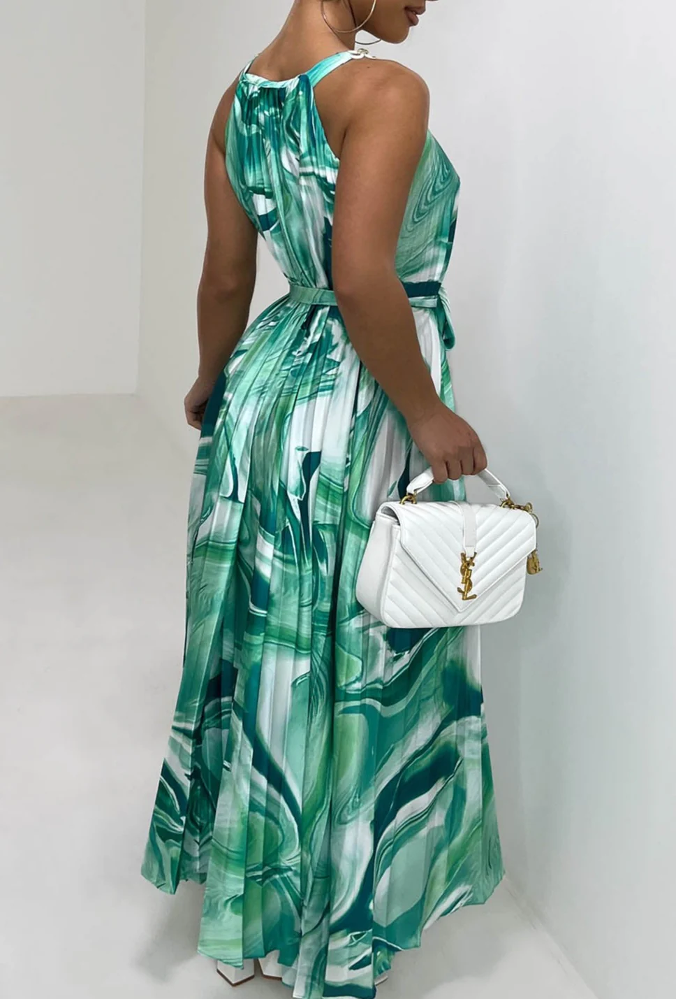 Pleated Perfection Green Marble Print Pleated Tie Waist Dress - Image 2