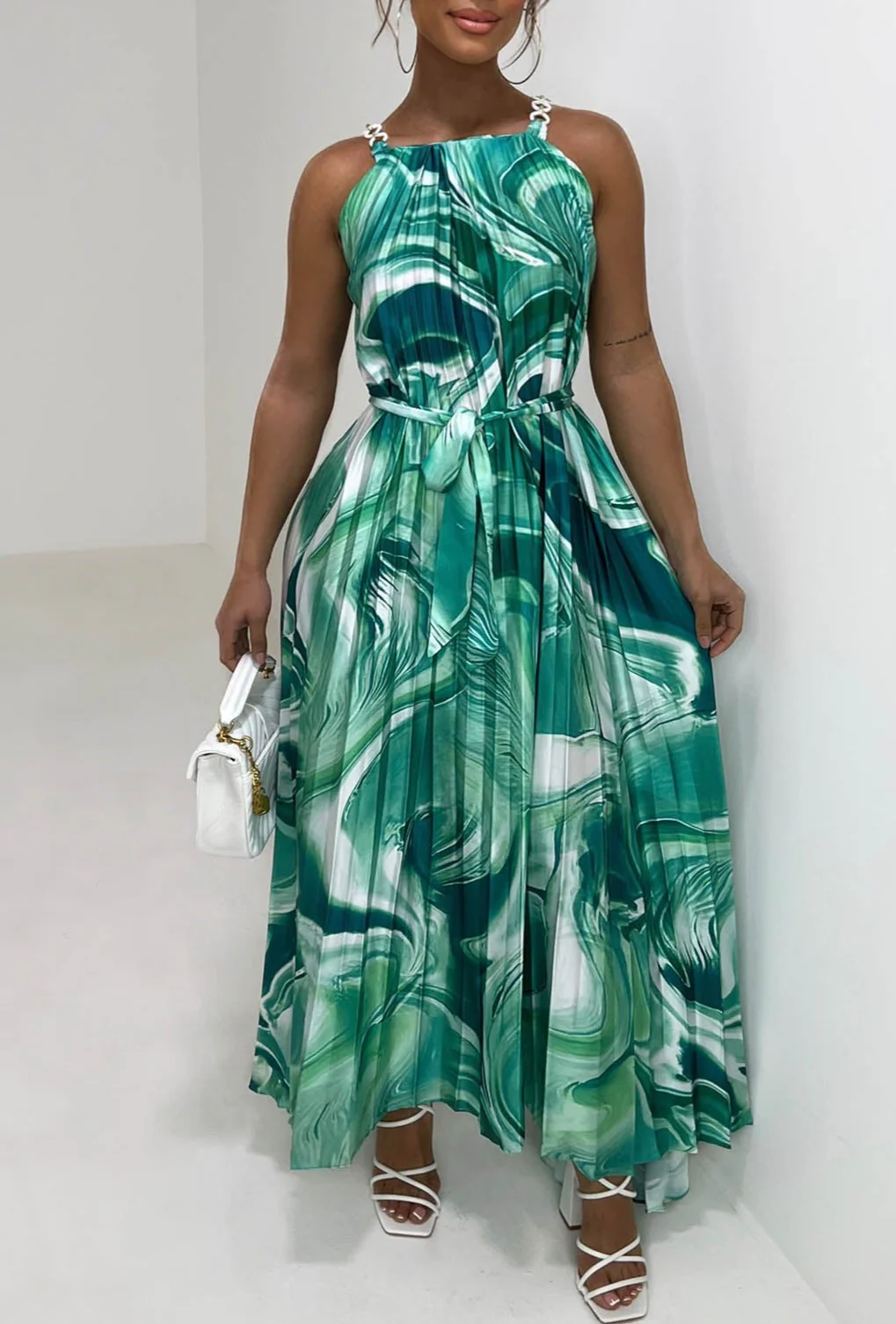 Pleated Perfection Green Marble Print Pleated Tie Waist Dress - Image 3
