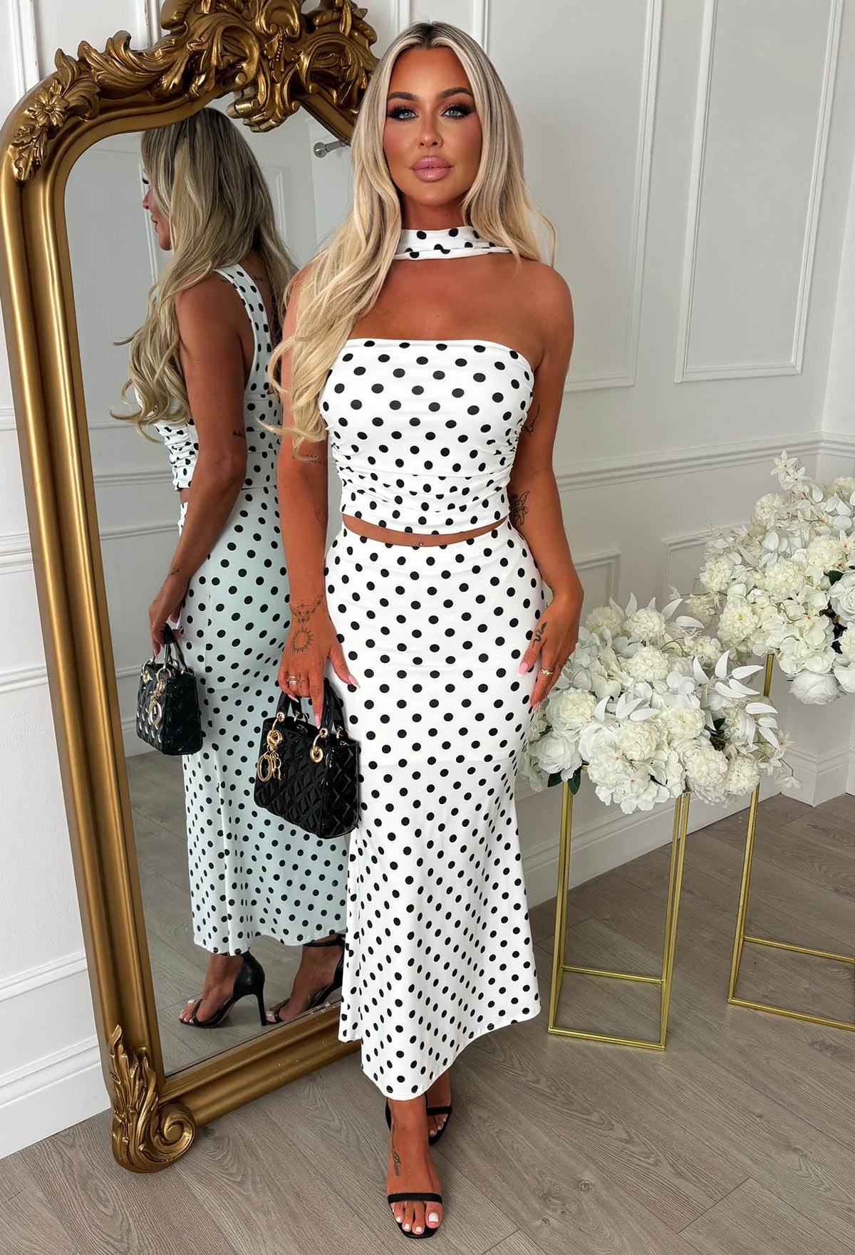 Portofino Glam White Polka Dot Scarf Detail Co-ord Set - Image 4