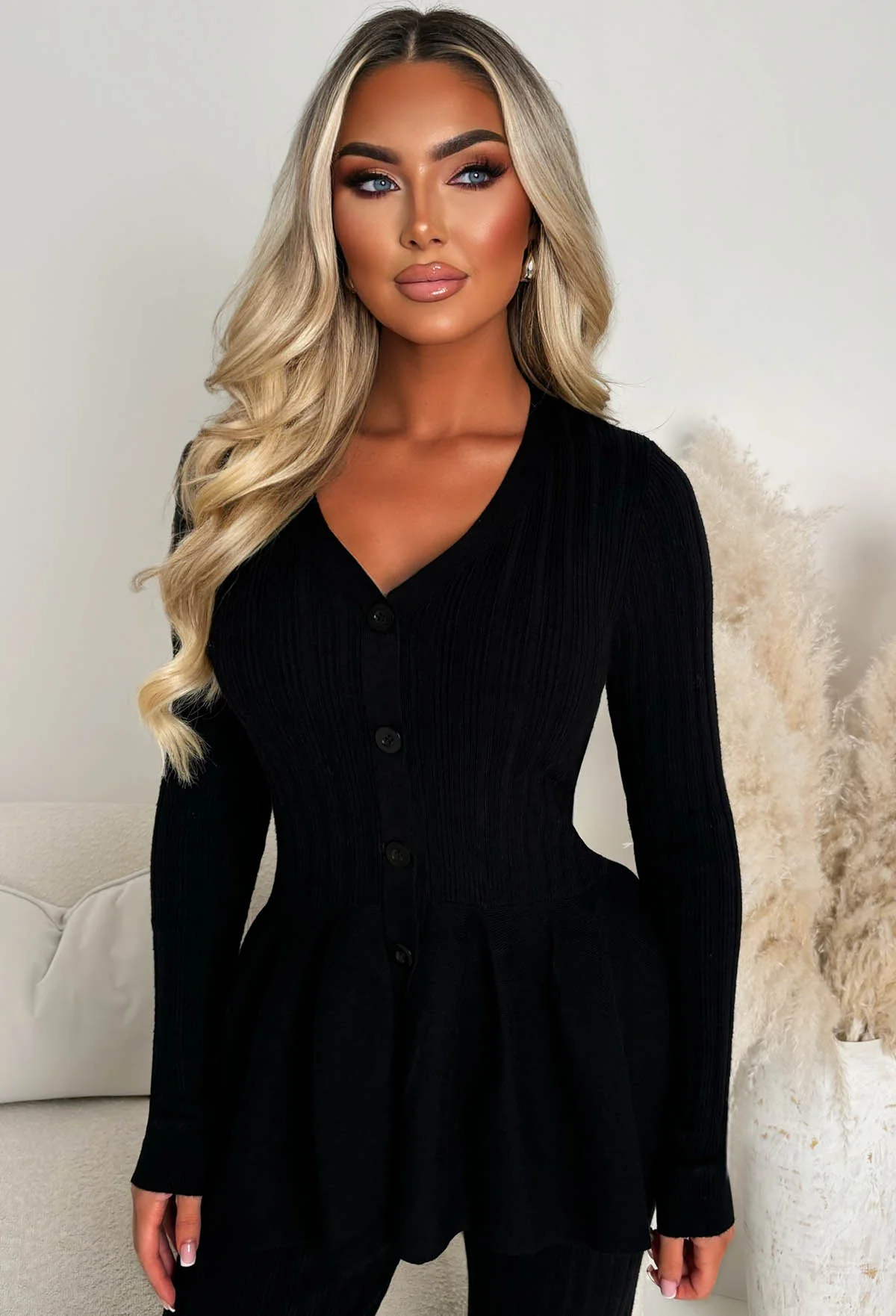 Posed & Pretty Black Peplum Knitted Lounge Co-ord Set - Image 5