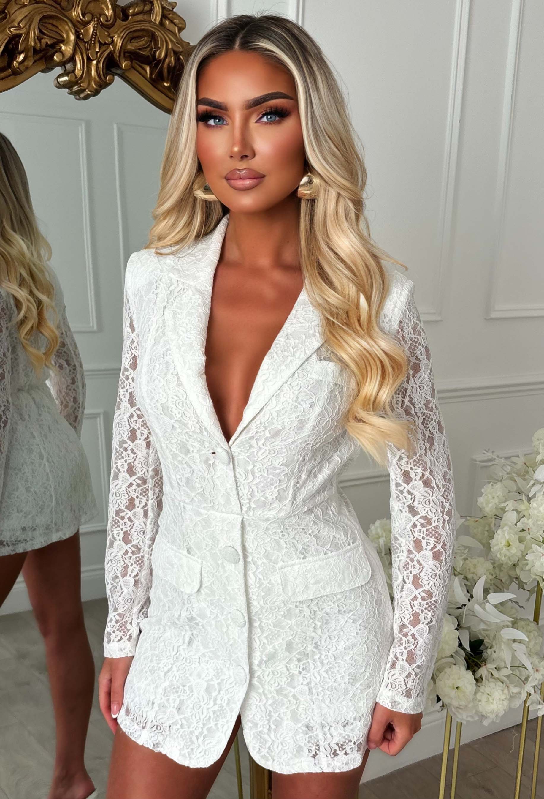 Power Drama White Lace Long Sleeved Playsuit - Image 3
