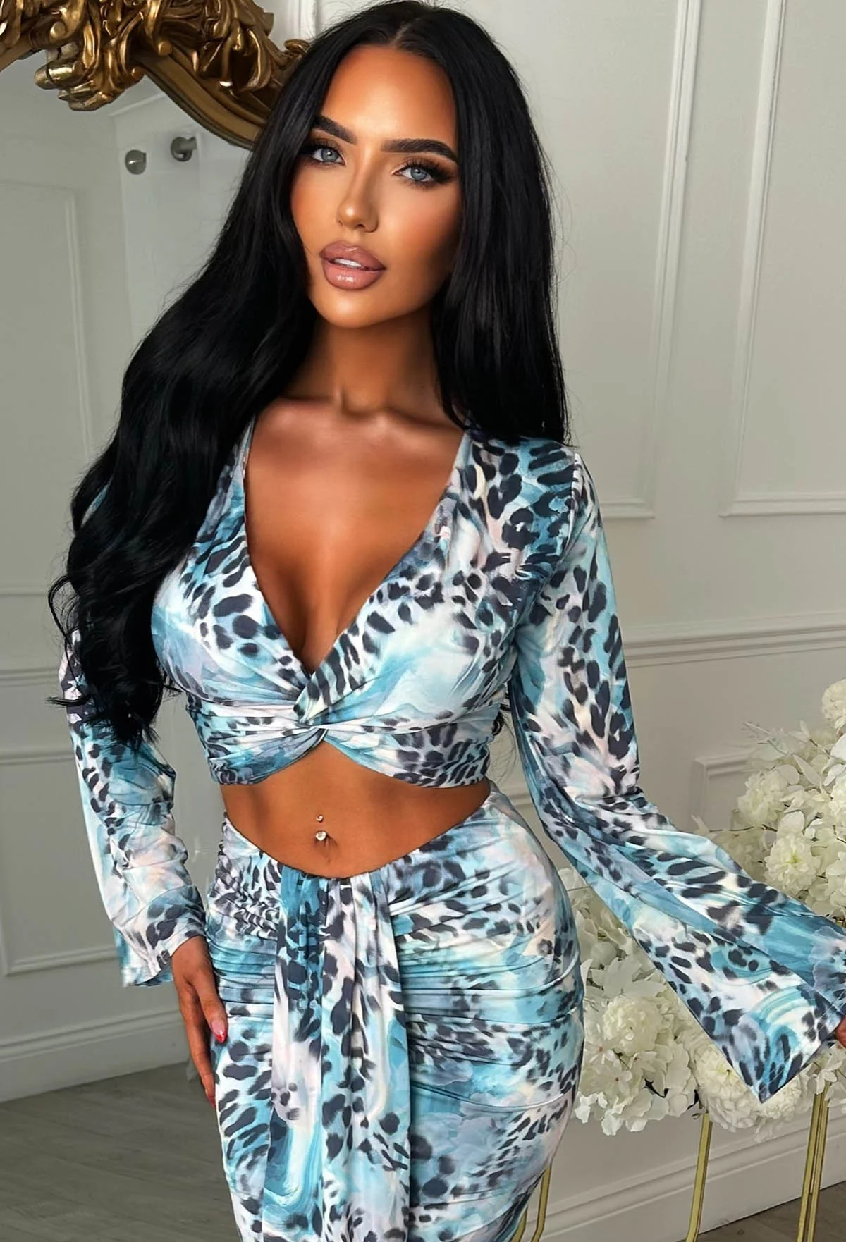 Pretty Gal Blue Leopard Print Knot Front Top & Skirt Co-Ord Set - Image 3