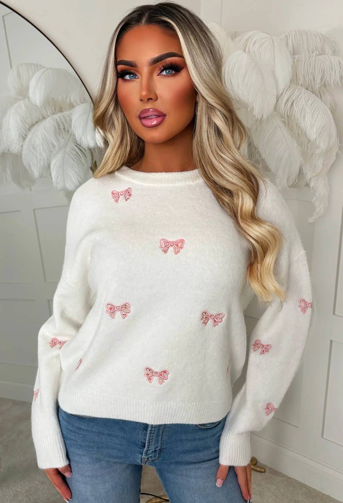 Pretty In Bows Cream Bow Crew Neck Jumper - Image 3
