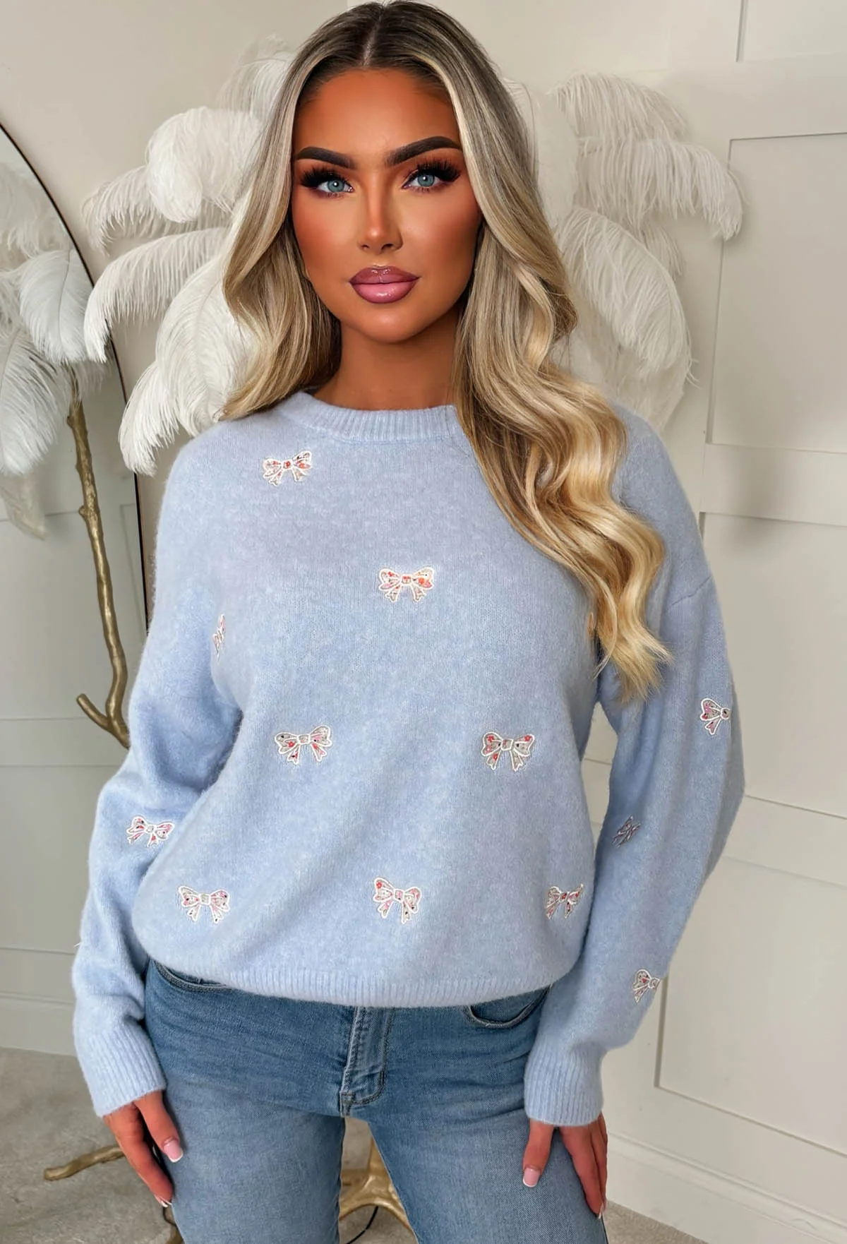 Pretty In Bows Light Blue Bow Crew Neck Jumper - Image 3