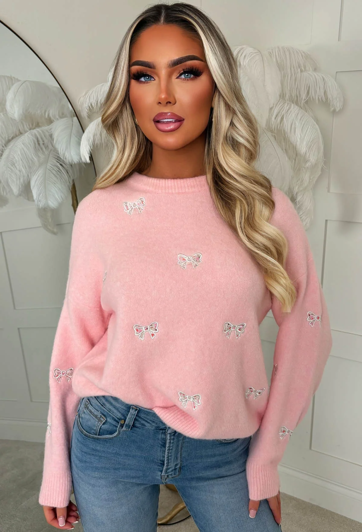 Pretty In Bows Light Pink Bow Crew Neck Jumper - Image 3