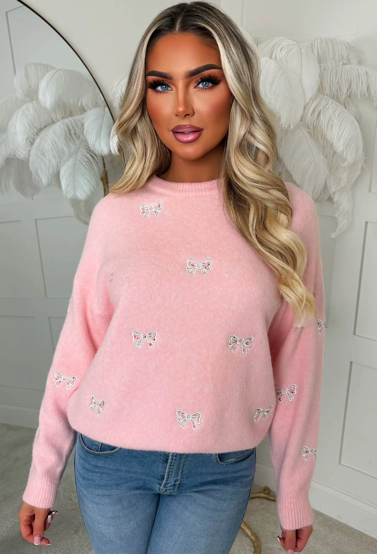 Pretty In Bows Light Pink Bow Crew Neck Jumper - Image 4