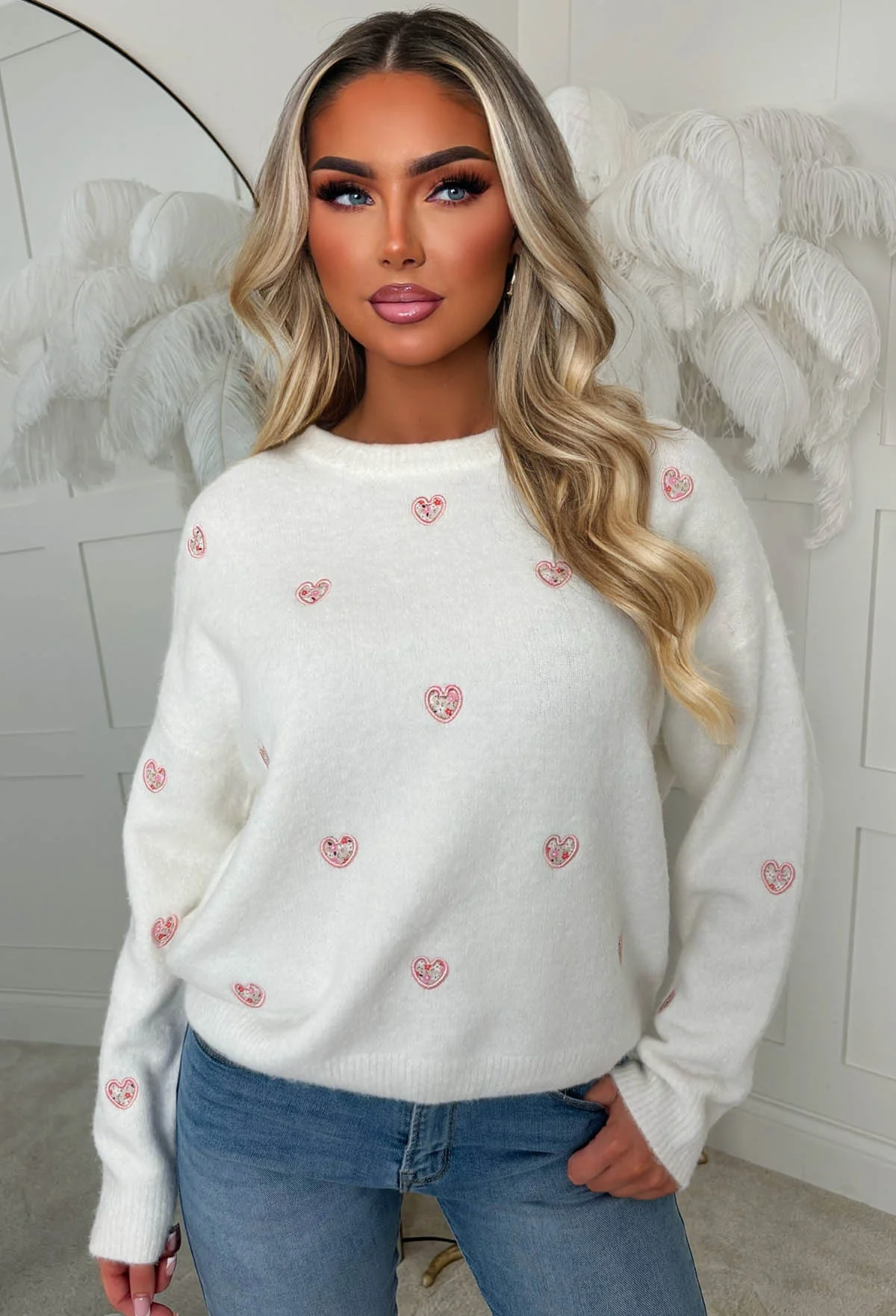 Pretty In Love Cream Heart Crew Neck Jumper - Image 3