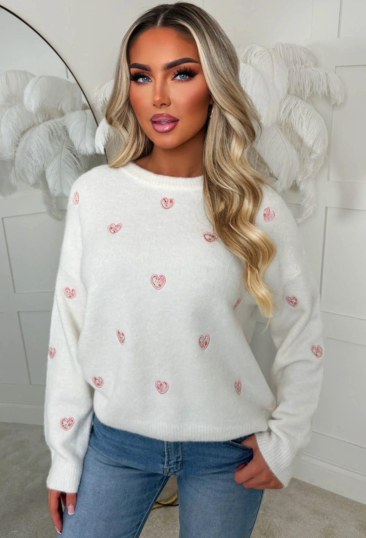 Pretty In Love Cream Heart Crew Neck Jumper - Image 4