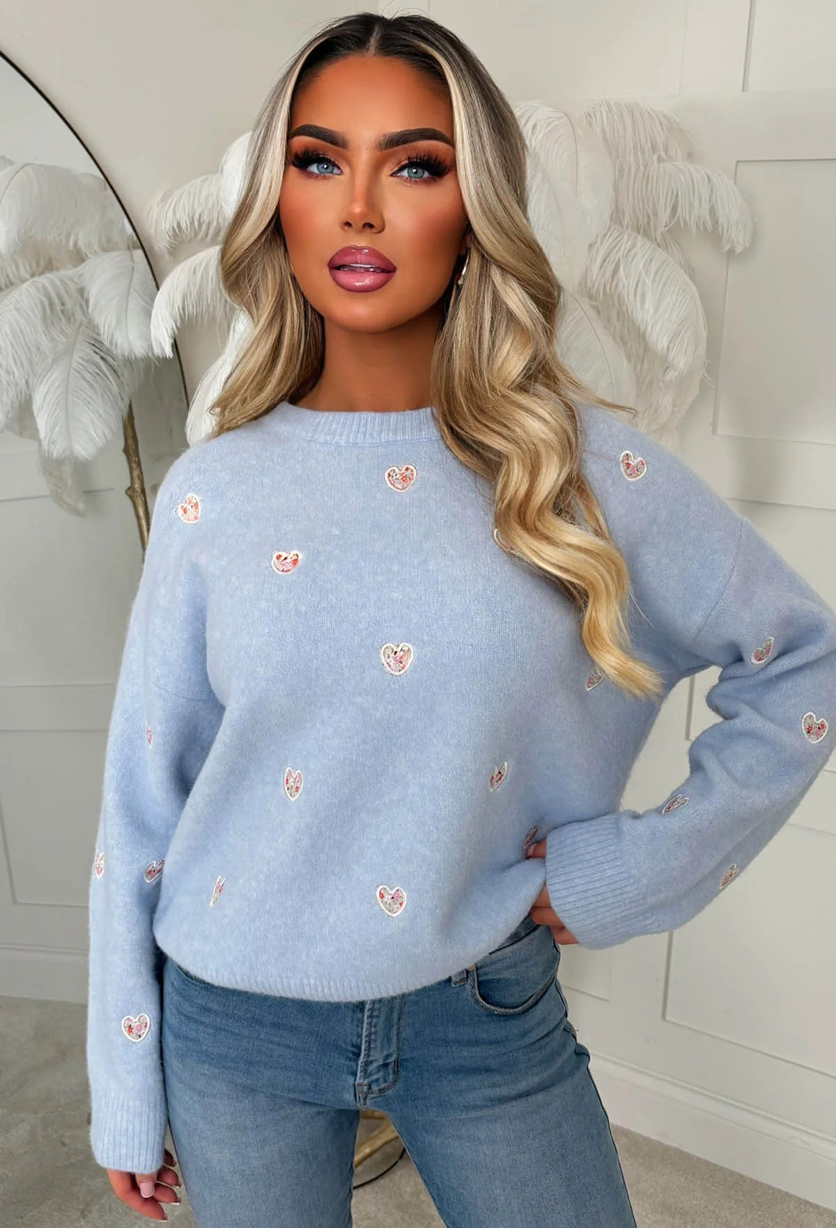 Pretty In Love Light Blue Heart Crew Neck Jumper - Image 3