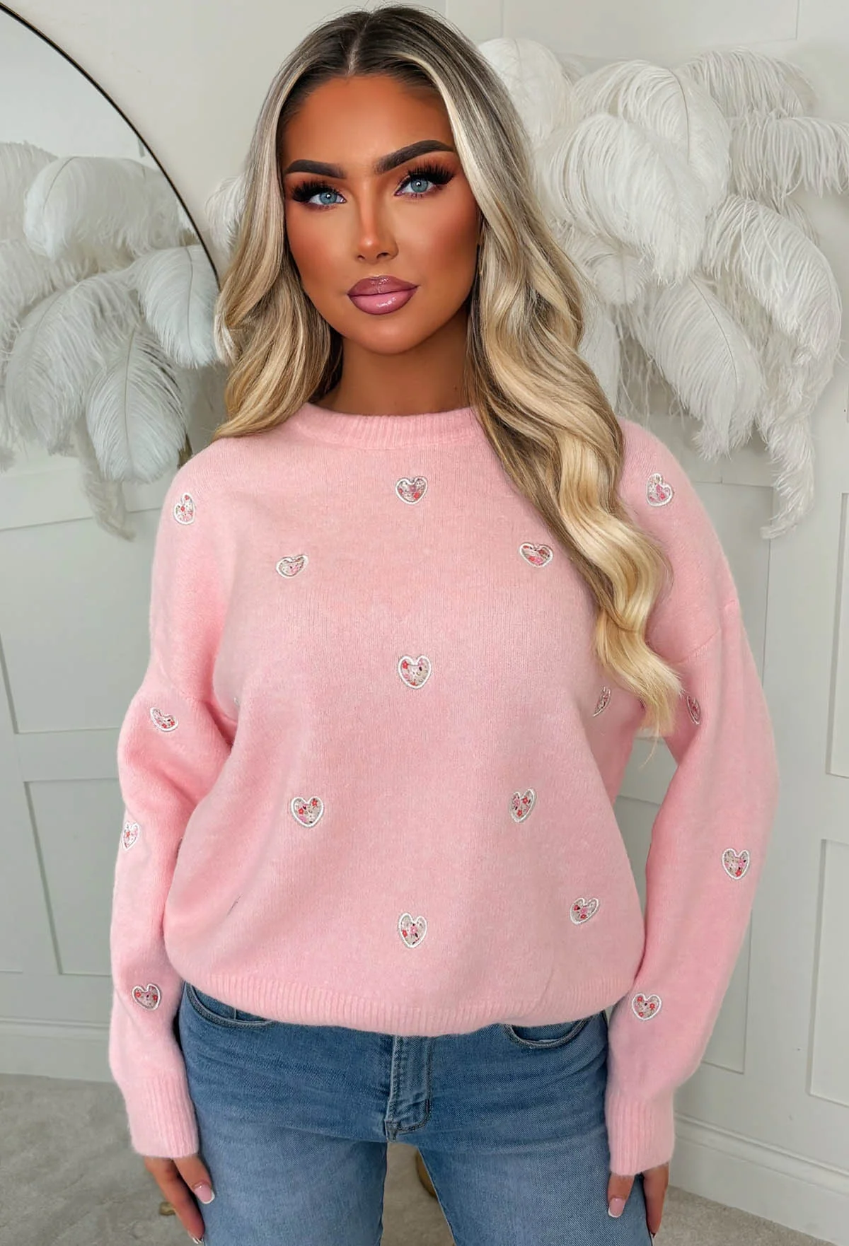 Pretty In Love Light Pink Heart Crew Neck Jumper - Image 3