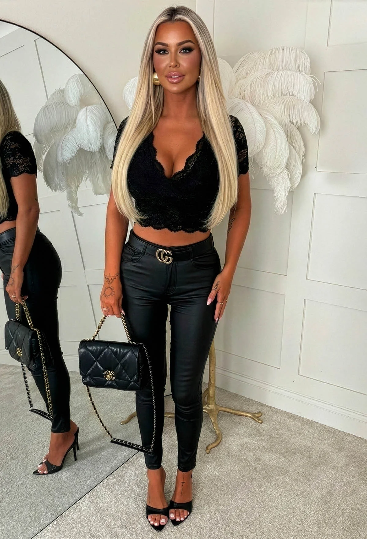 Pretty Problem Black Lace Scalloped Short Sleeved Crop Top - Image 3
