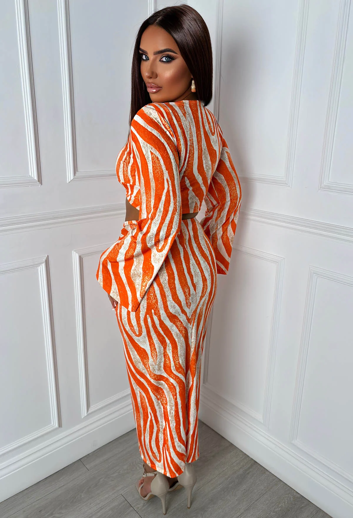 Pretty Things Orange Zebra Print Jersey Ruched Midi Skirt Co-Ord - Image 3