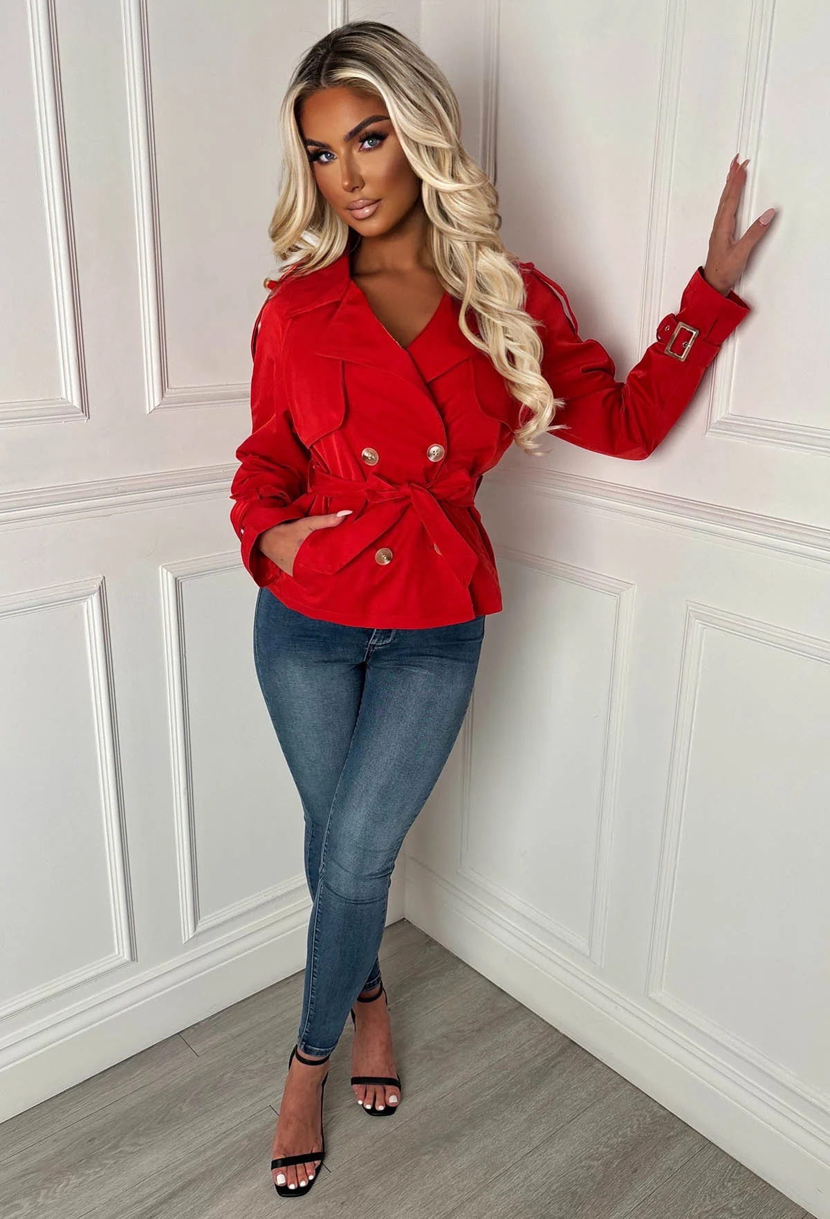 Private Society Red Belted Cropped Trench Coat - Image 4