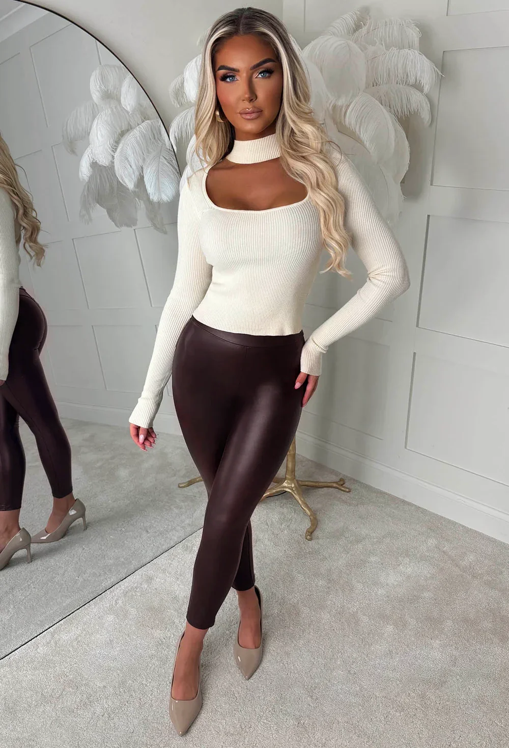 Push Your Luck Brown Faux Leather Stretch Push Up Skinny Leggings - Image 2