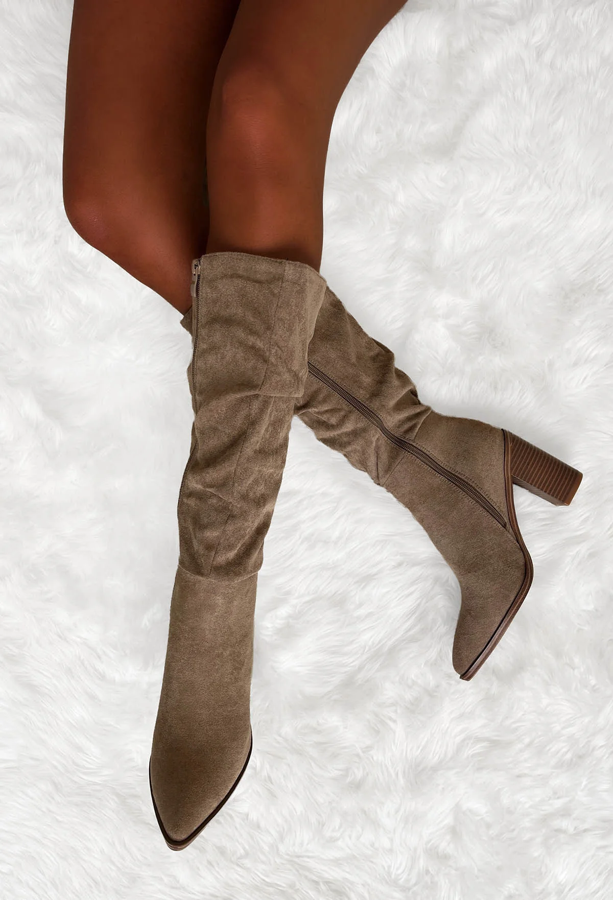 Quick Step Beige Faux Suede Ruched Block Heel Boots - Image 2