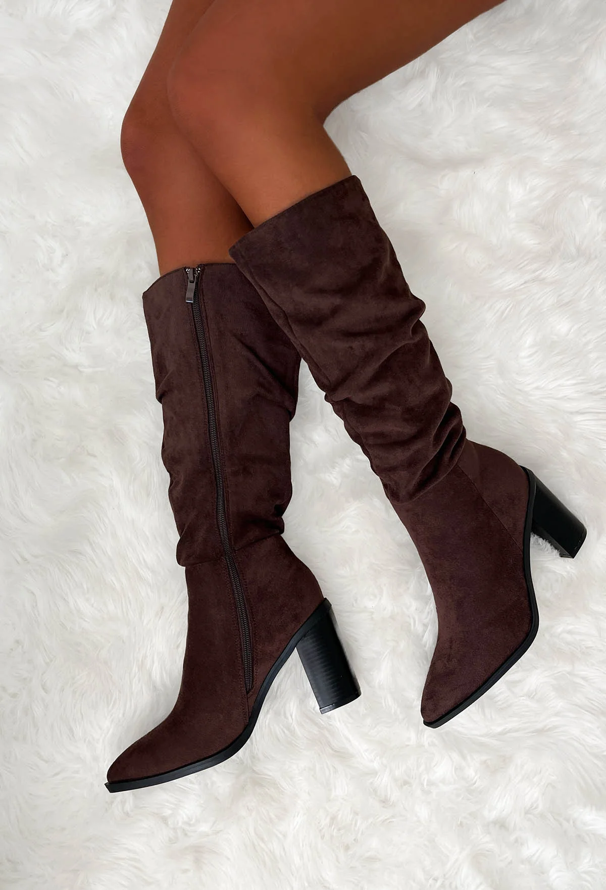 Quick Step Brown Faux Suede Ruched Block Heel Boots - Image 3