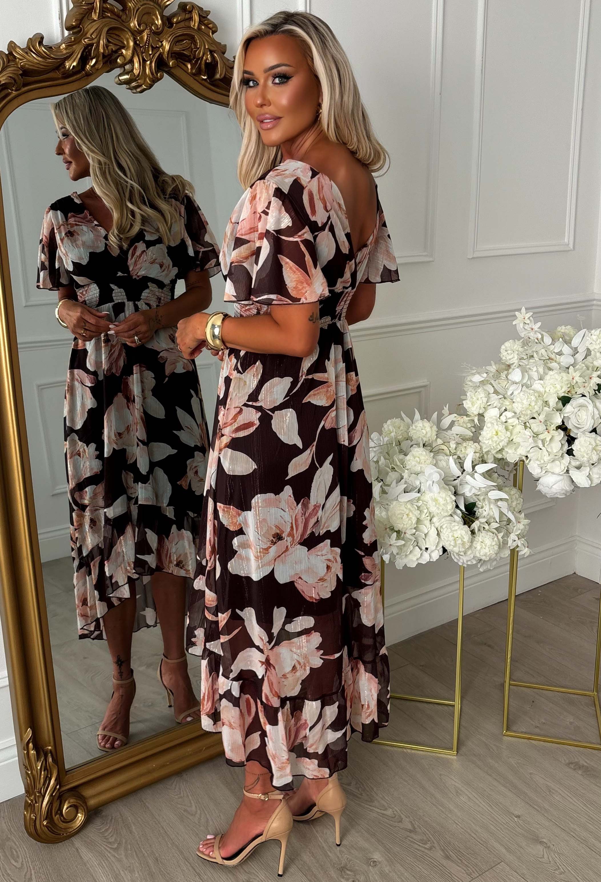 Quiet Shimmer Brown Lurex Thread Print Midi Dress - Image 3